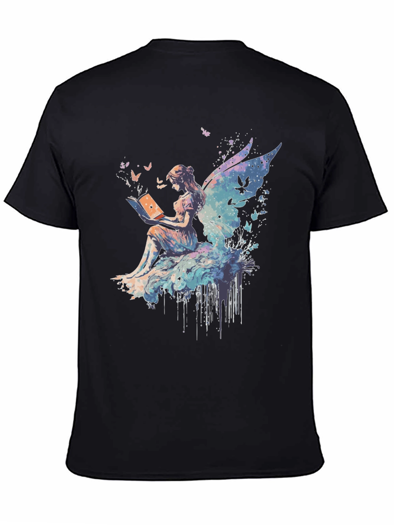 Black Whimsical Fairy Reading Book Graphic T-Shirt view 4