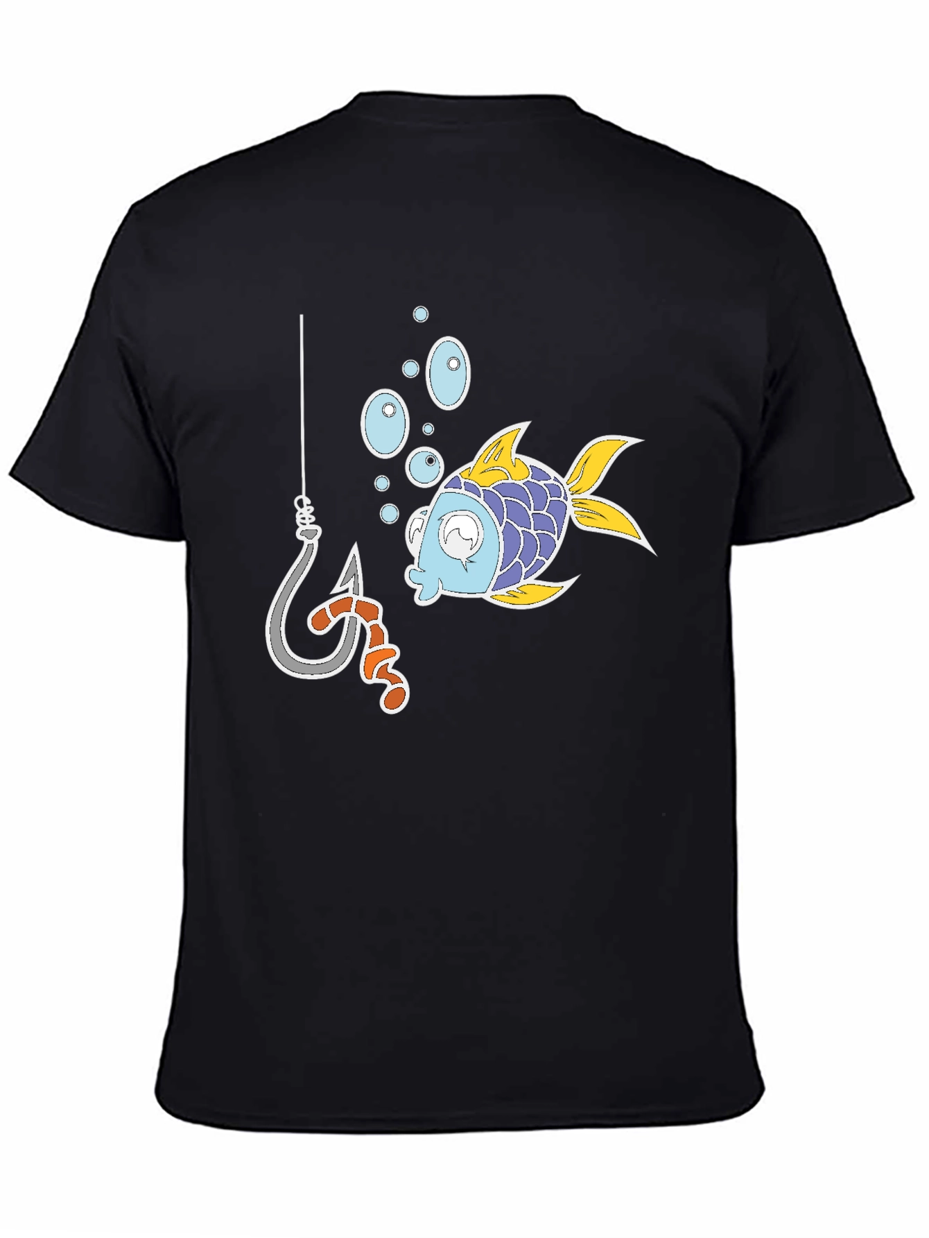 Black Funny Fish Hook Cartoon Graphic Tee view 4