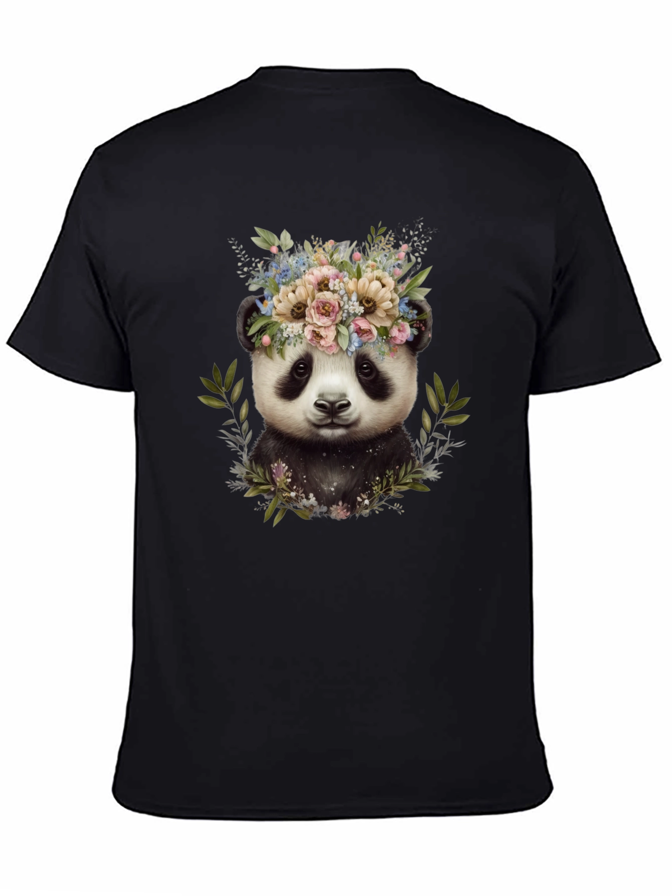 Black Panda Floral Wreath Tee - Unique Graphic Print T-Shirt view 4
