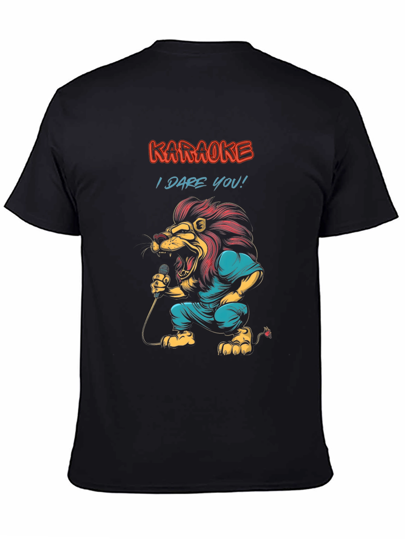 Black Karaoke Lion Graphic Tee - "I Dare You!" Black T-Shirt view 4