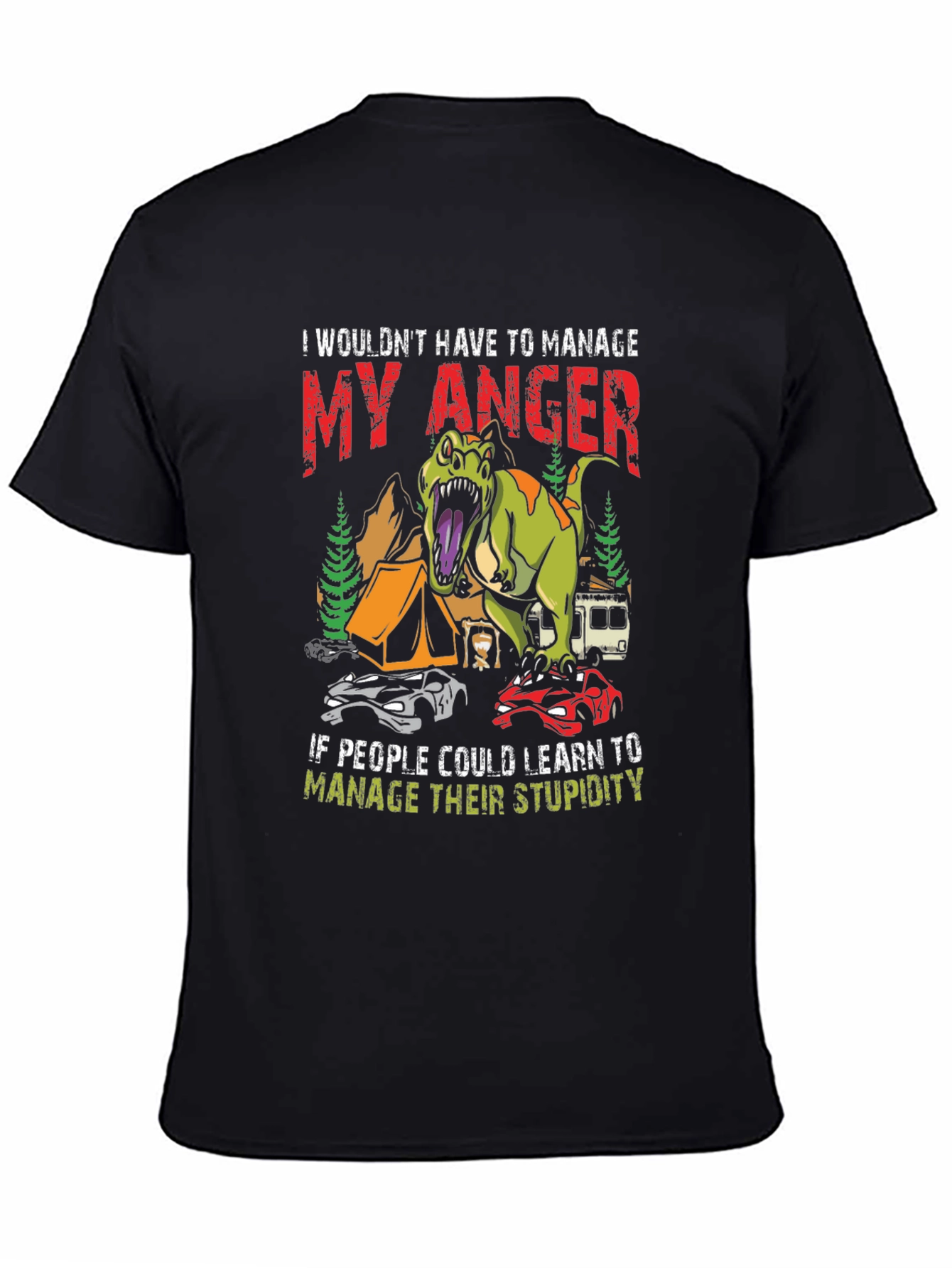 Black Manage Anger Dinosaur T-Shirt - Funny Camping Tee view 4