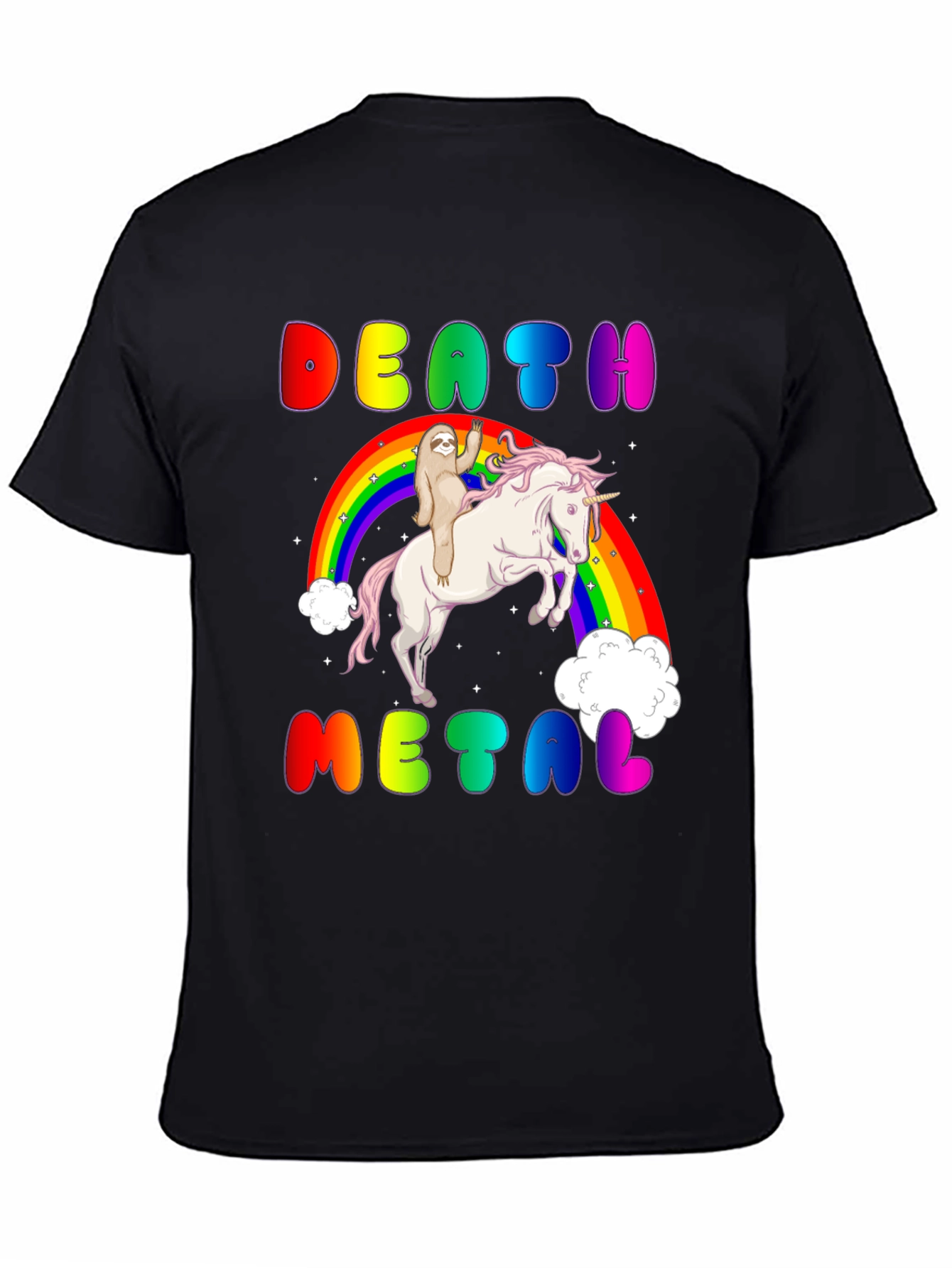 Black Death Metal Sloth Riding Unicorn T-Shirt view 4