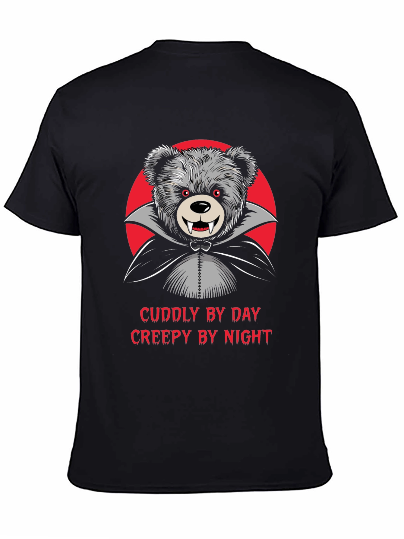 Black Cuddly by Day, Creepy by Night Vampire Teddy Bear T-Shirt view 4