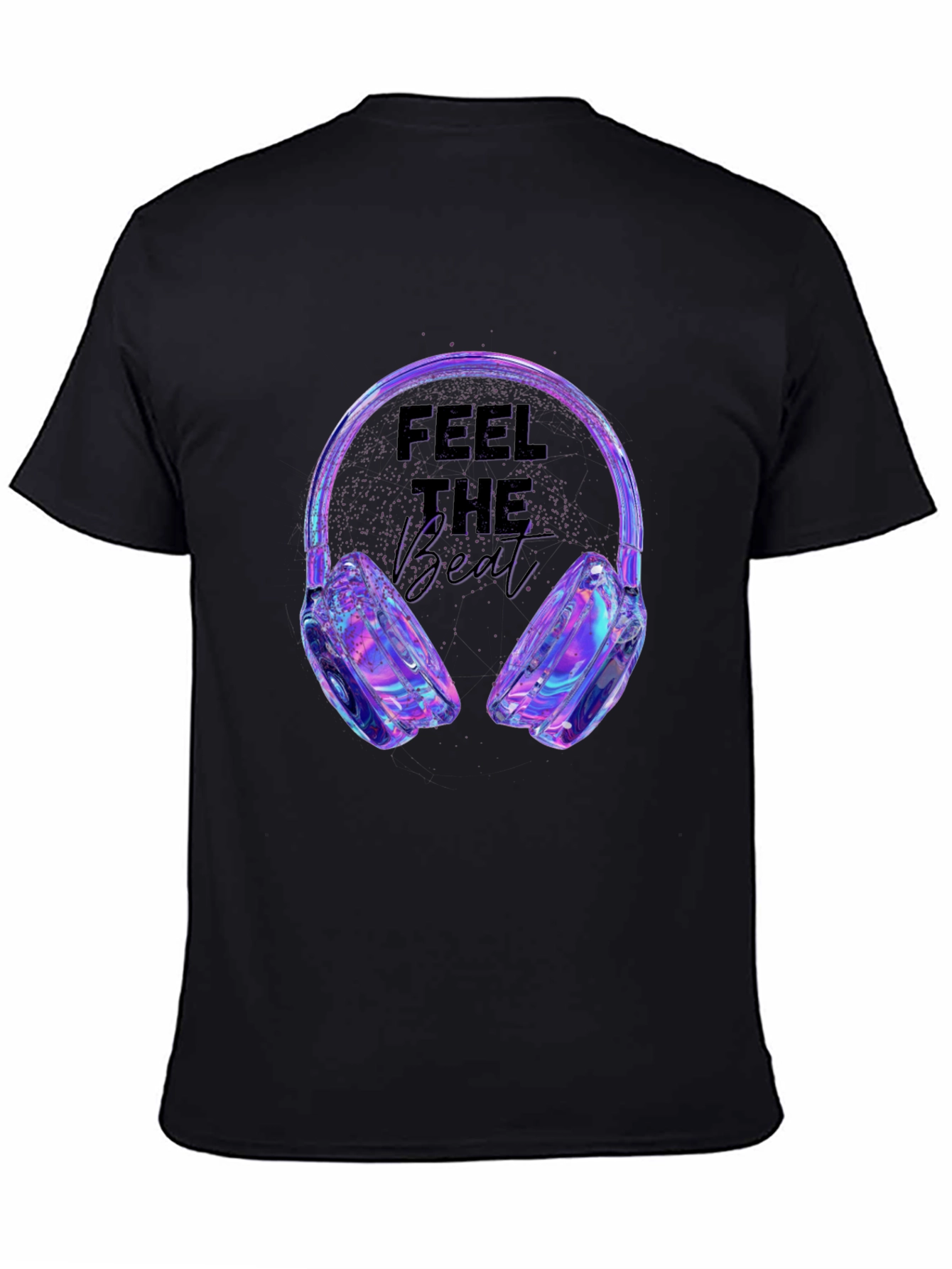 Black Feel the Beat T-Shirt - Holographic Headphones Design view 4