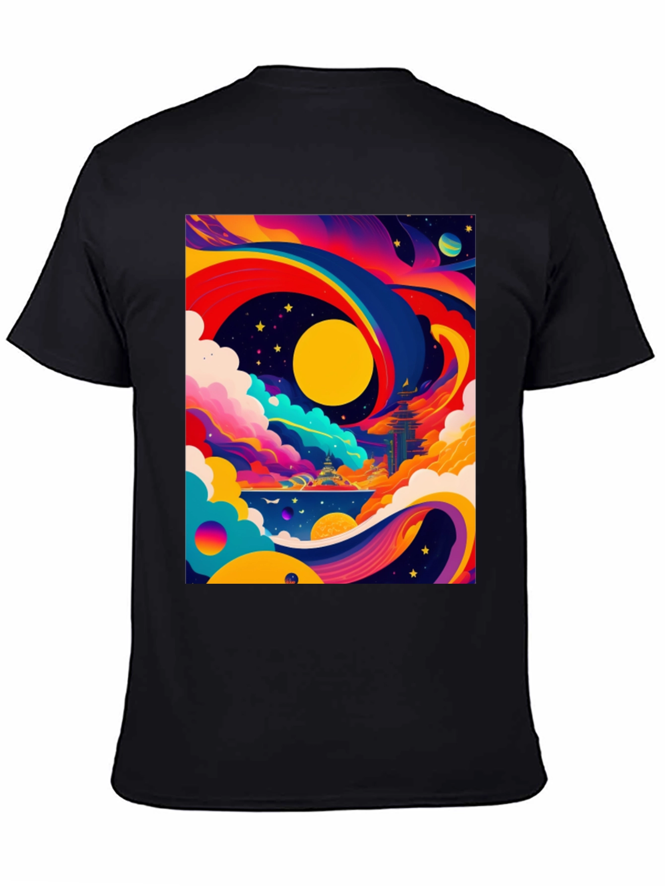 Black Vibrant Celestial Graphic Tee - Artistic Dreamscape view 4