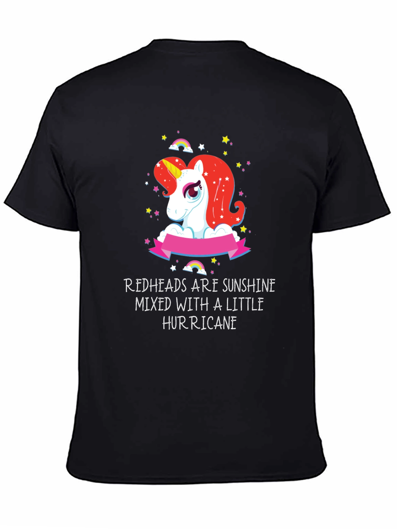 Black Redhead Sunshine Hurricane Unicorn Black T-Shirt view 4