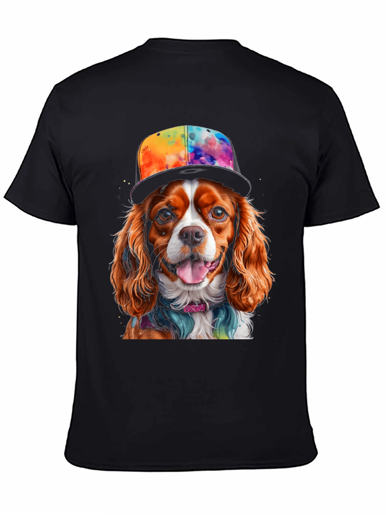 Black Cool Dog T-Shirt: Cavalier in Colorful Hat view 4