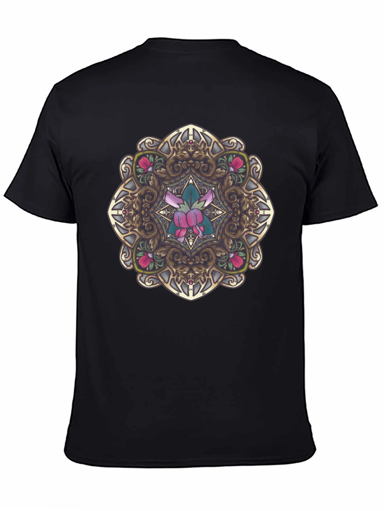 Black Ornate Floral Mandala Graphic Black T-Shirt view 4