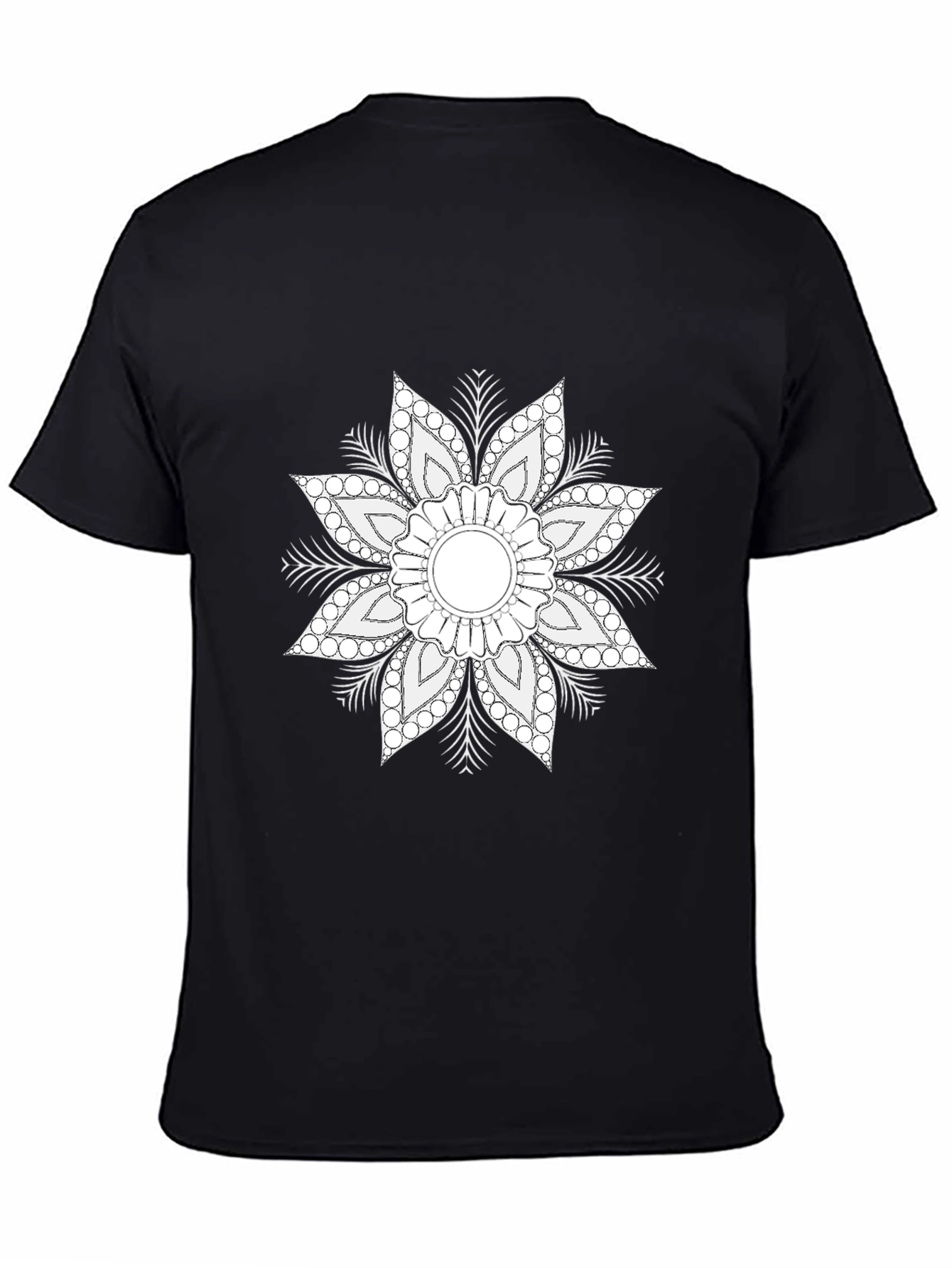 Black Black T-Shirt with White Floral Mandala Design view 4