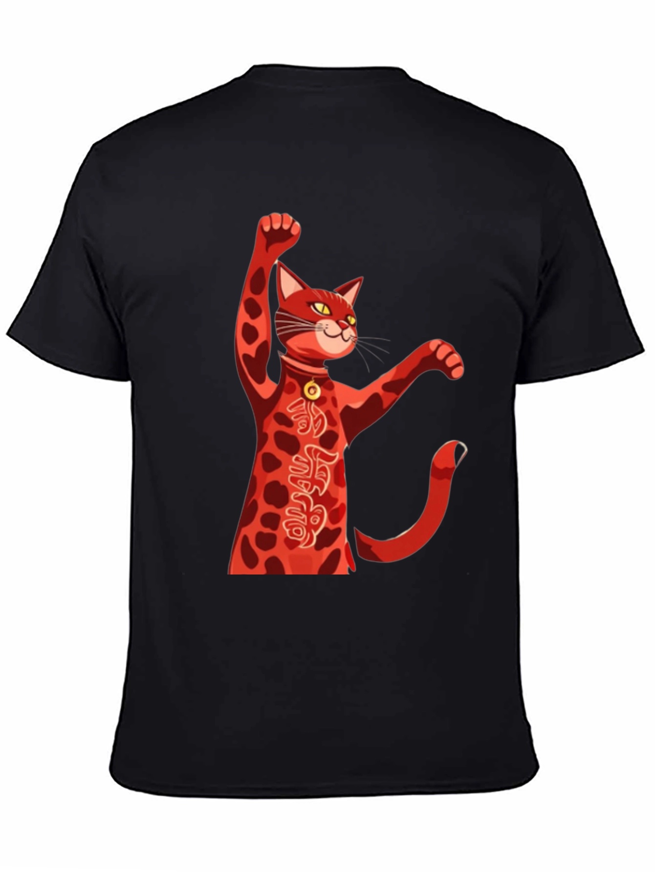 Black Lucky Cat T-Shirt - Red Maneki Neko Graphic Tee view 4