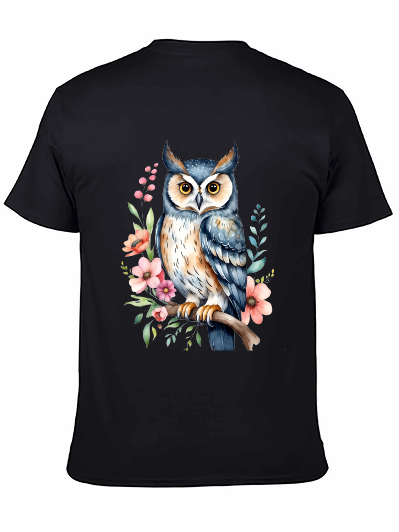 Black Owl Floral Graphic Tee - Black Cotton Casual Shirt view 4