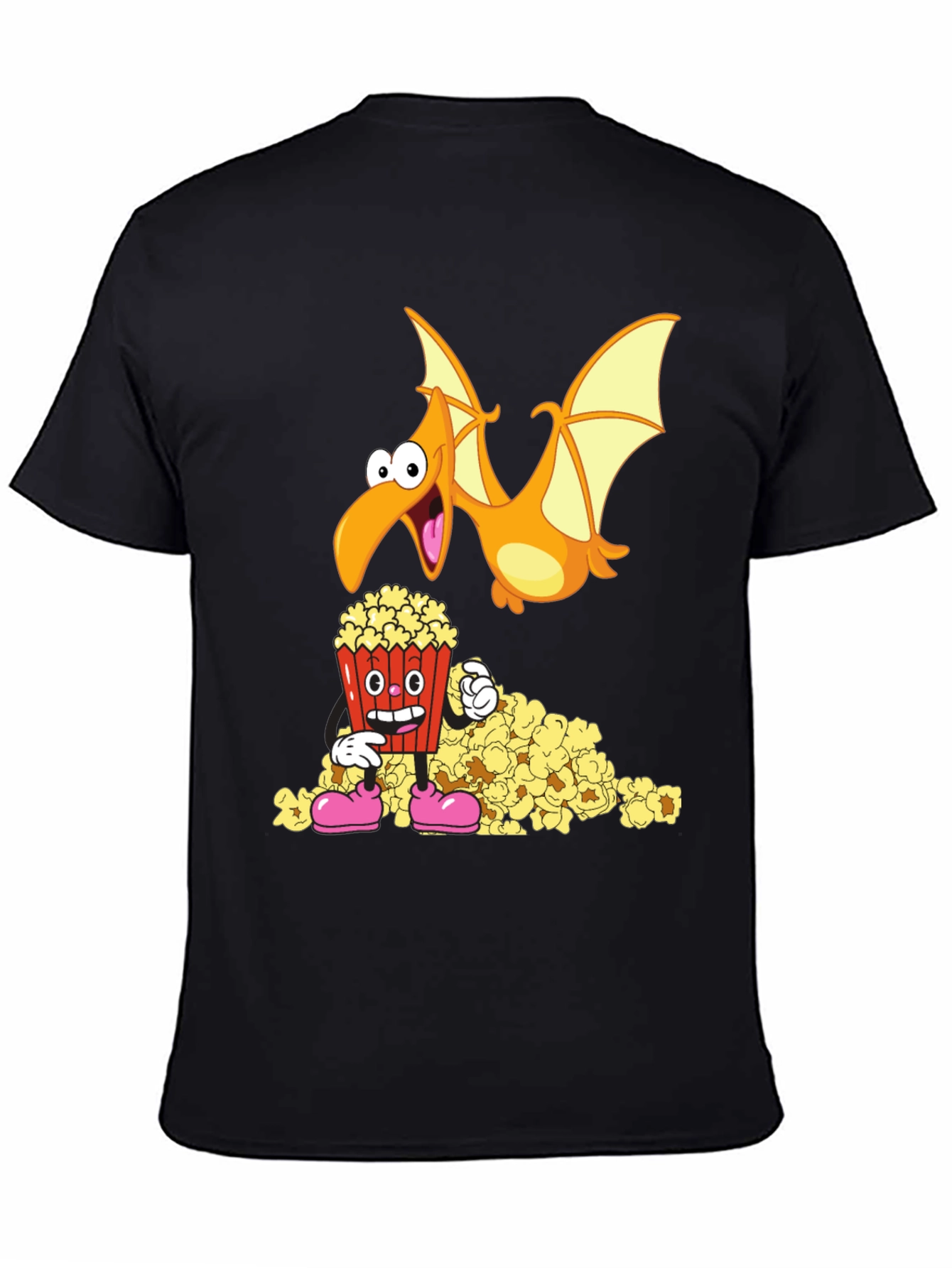 Black Cartoon Pterodactyl & Popcorn Graphic T-Shirt view 4