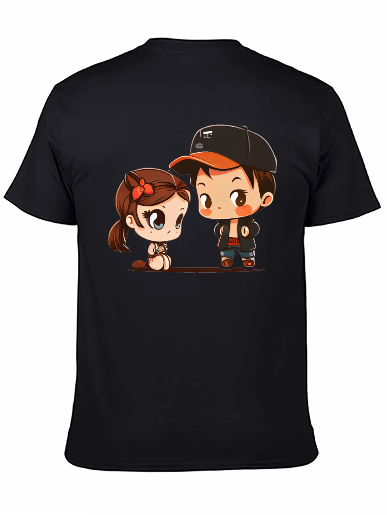 Black Cute Cartoon Couple Black T-Shirt view 4