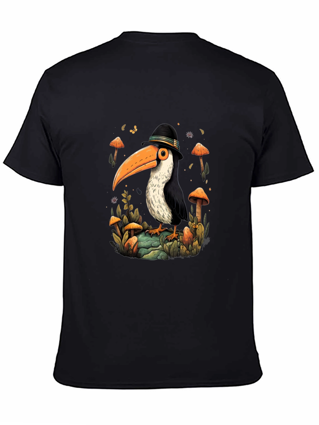 Black Whimsical Toucan T-Shirt - Mushroom Forest Design view 4