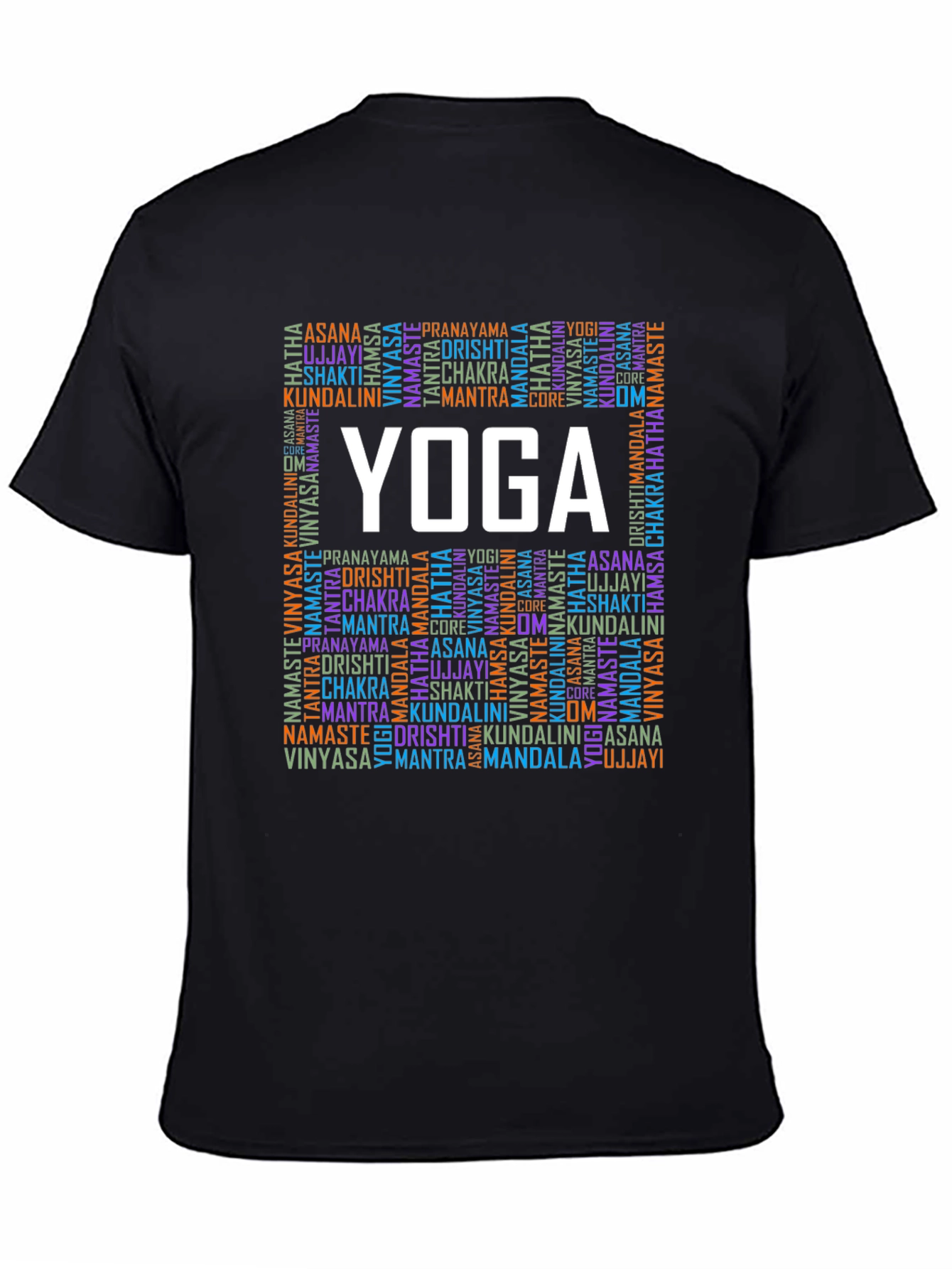 Black Yoga Word Art Graphic Tee - Asana Chakra Mantra Shirt view 4