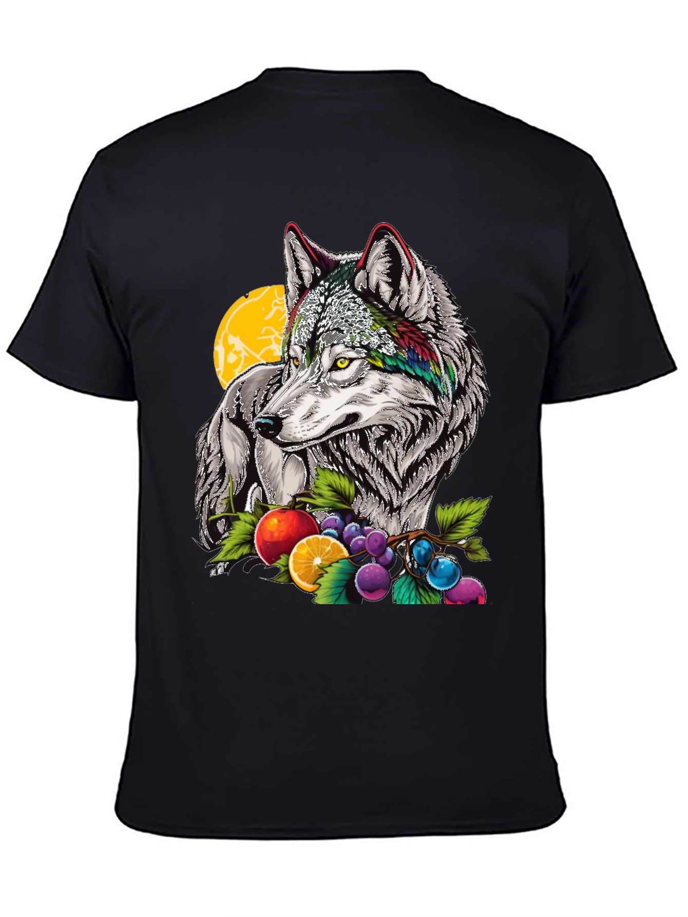 Black Wolf & Fruit Graphic Print T-Shirt - Black view 4