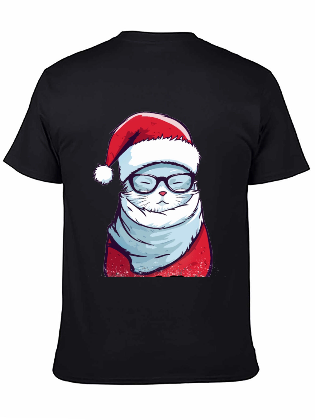 Black Holiday Cat T-Shirt: Santa Hat & Glasses view 4