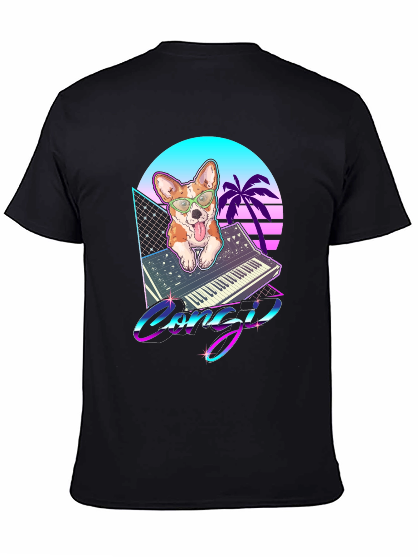 Black Retro Corgi Synthwave Graphic T-Shirt view 4