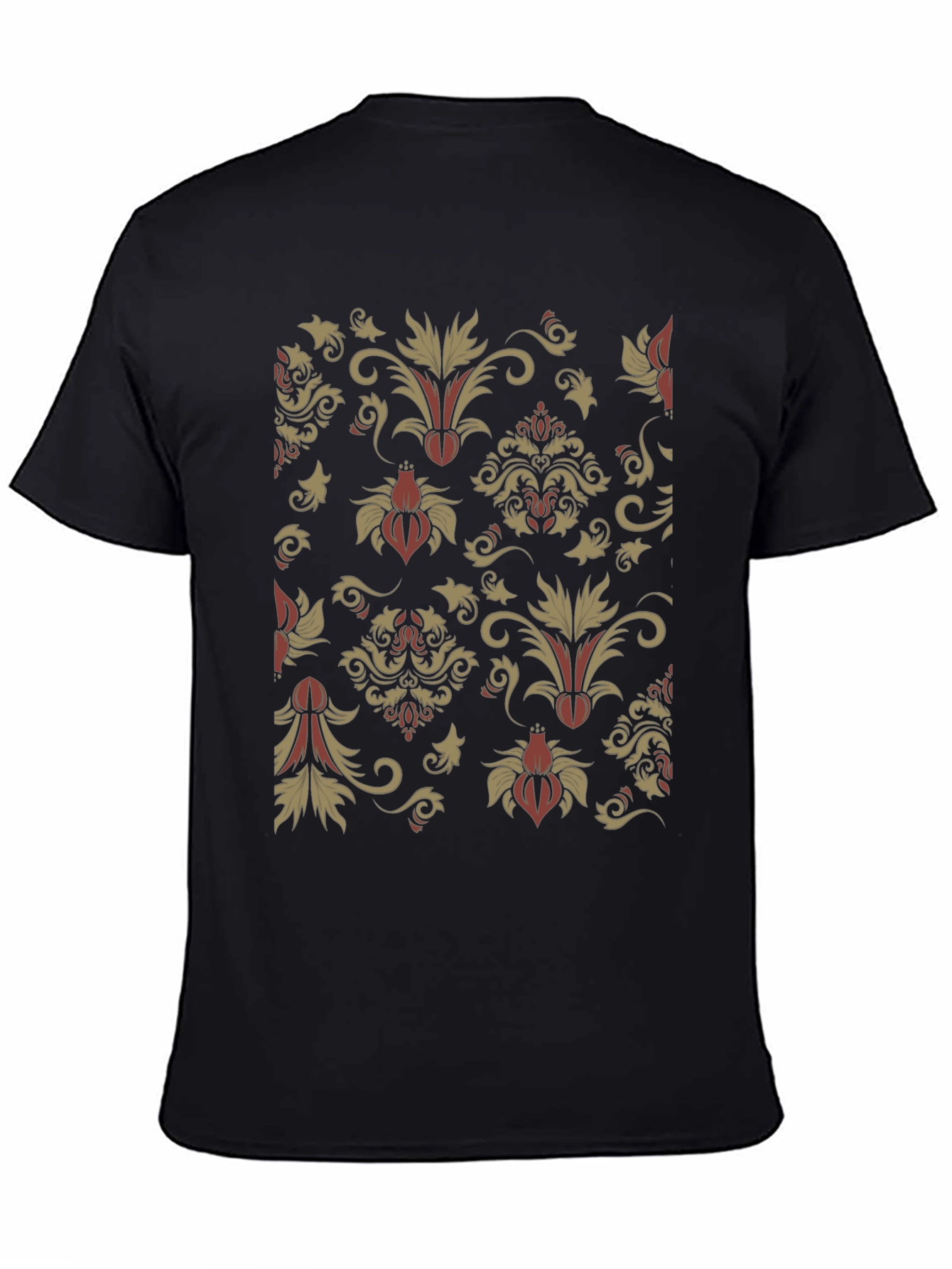 Black Floral Damask Print Black Crewneck T-Shirt view 4