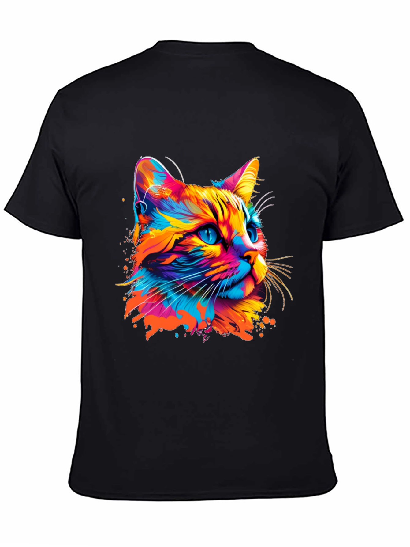 Black Vibrant Cat Graphic Print Black T-Shirt view 4