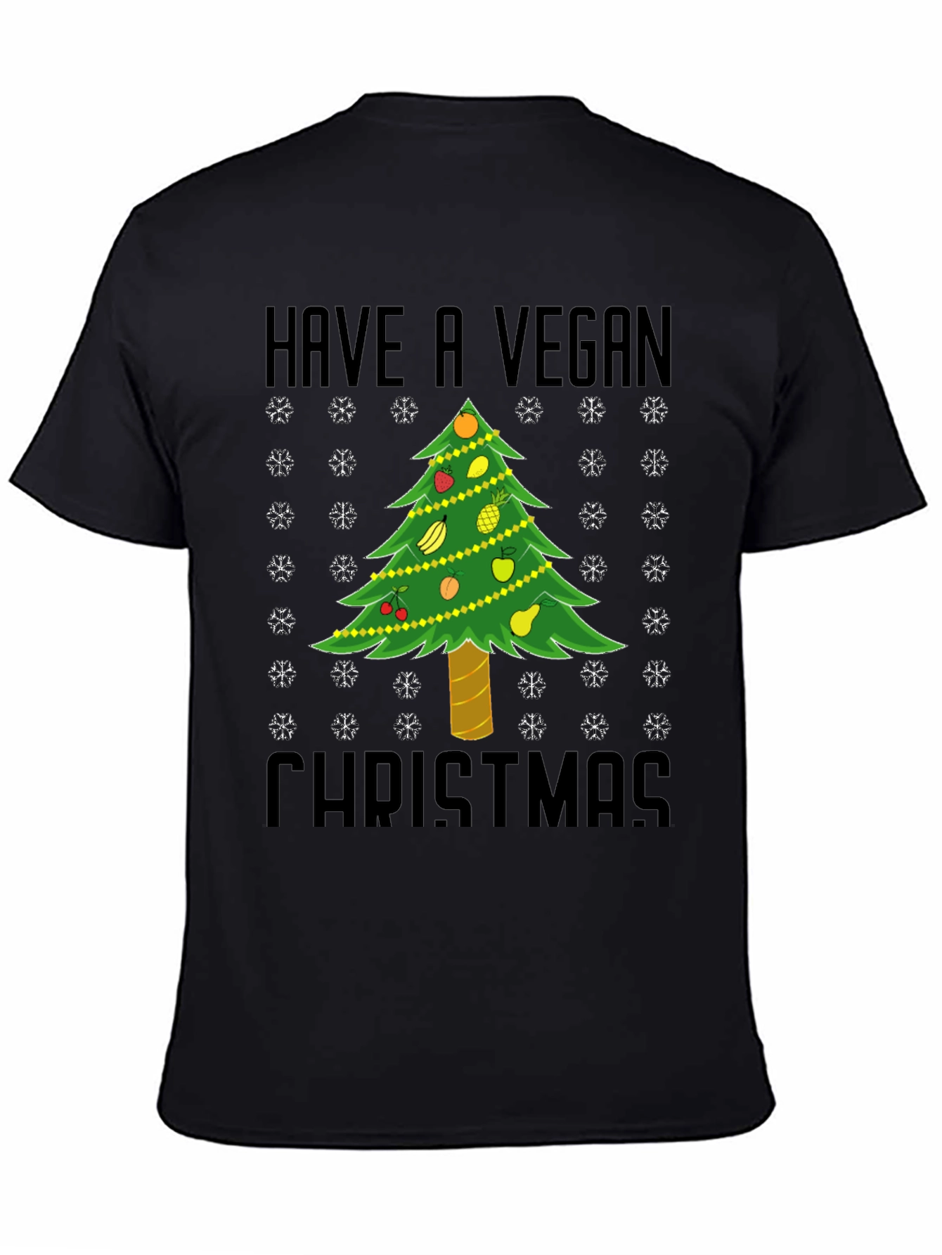 Black Vegan Christmas T-Shirt - Holiday Tree Fruit Design view 4
