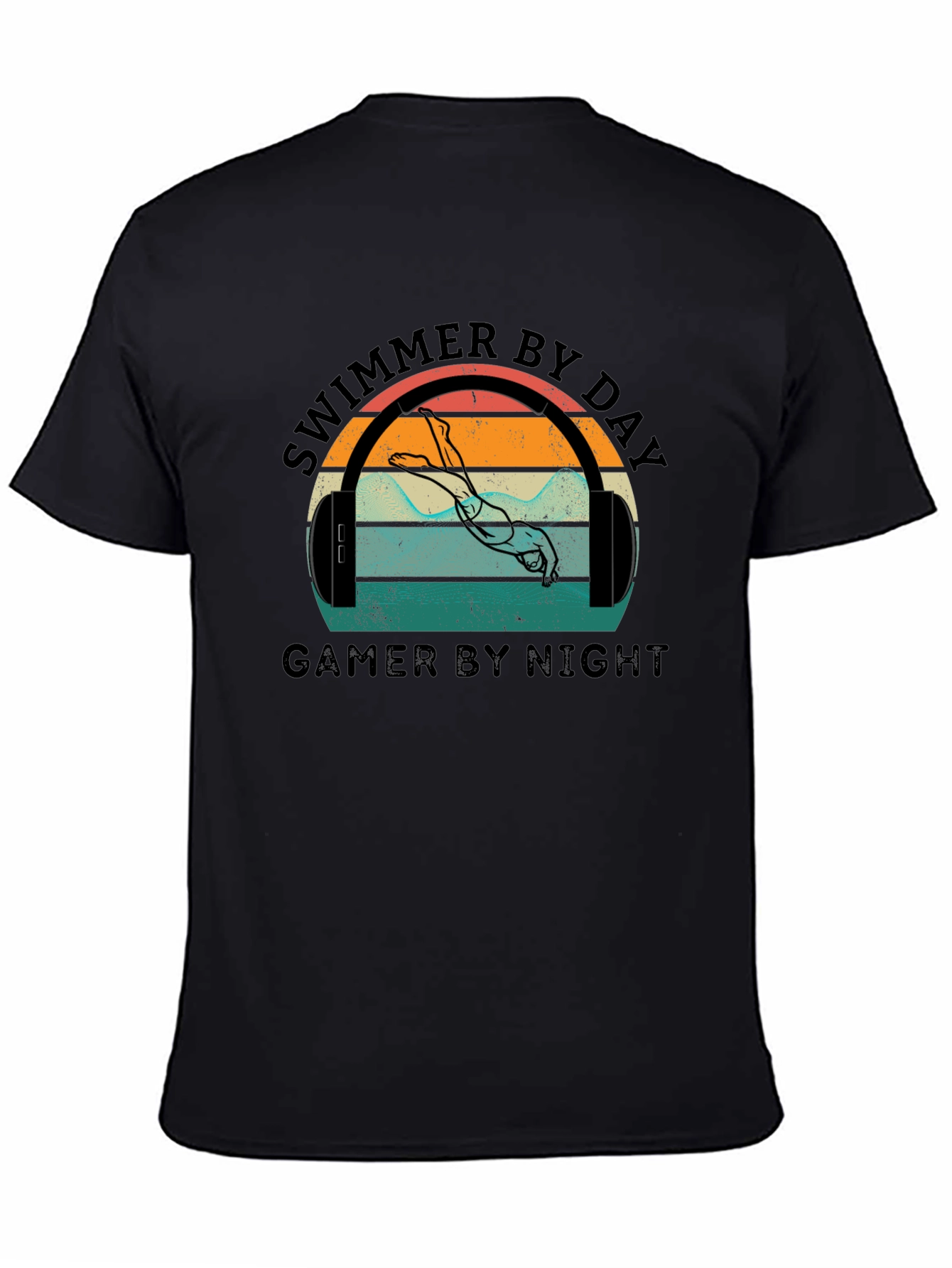 Black Swimmer By Day Gamer By Night Graphic T-Shirt view 4