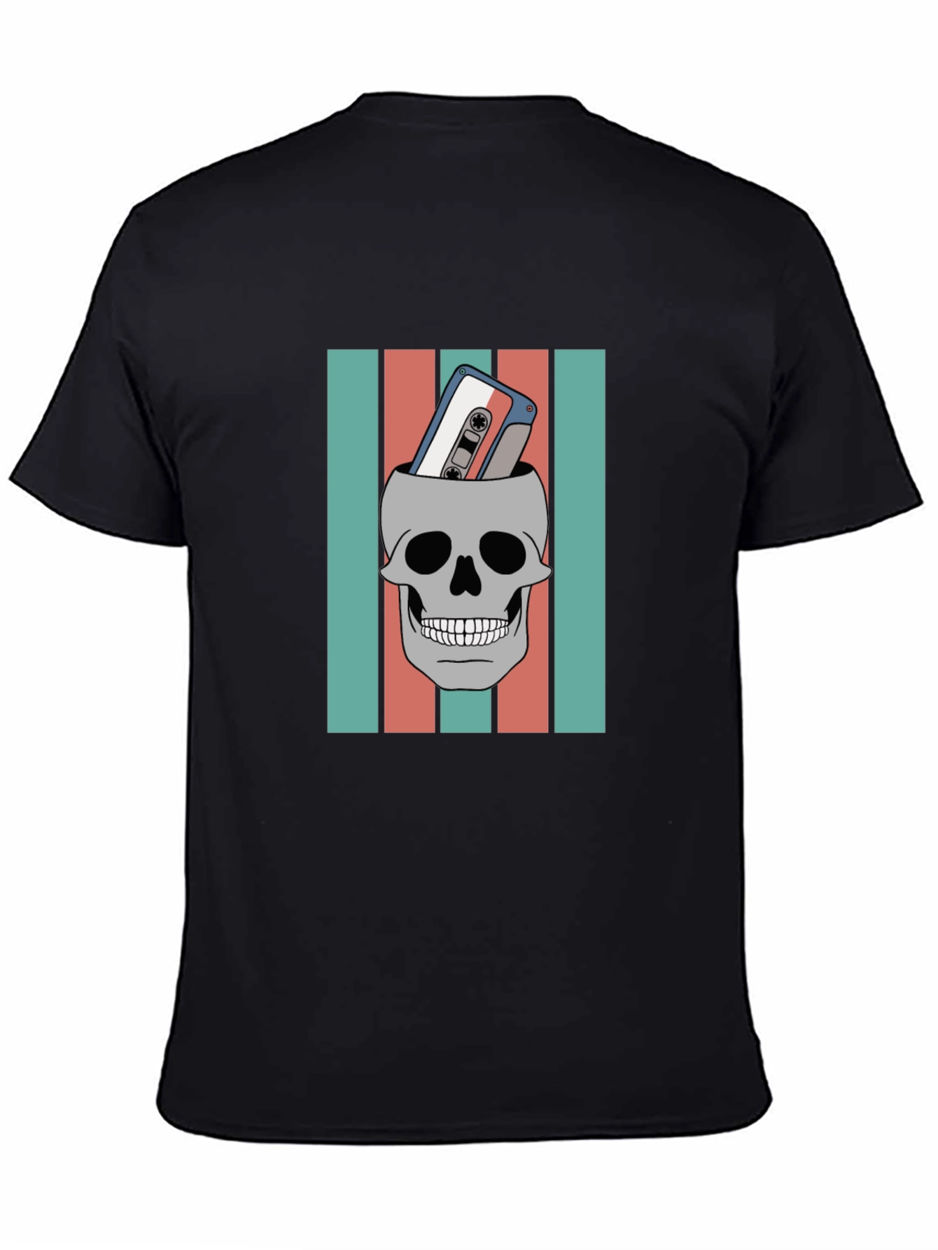 Black Skull & Cassette Tape Graphic Tee - Retro Music Vibes view 4