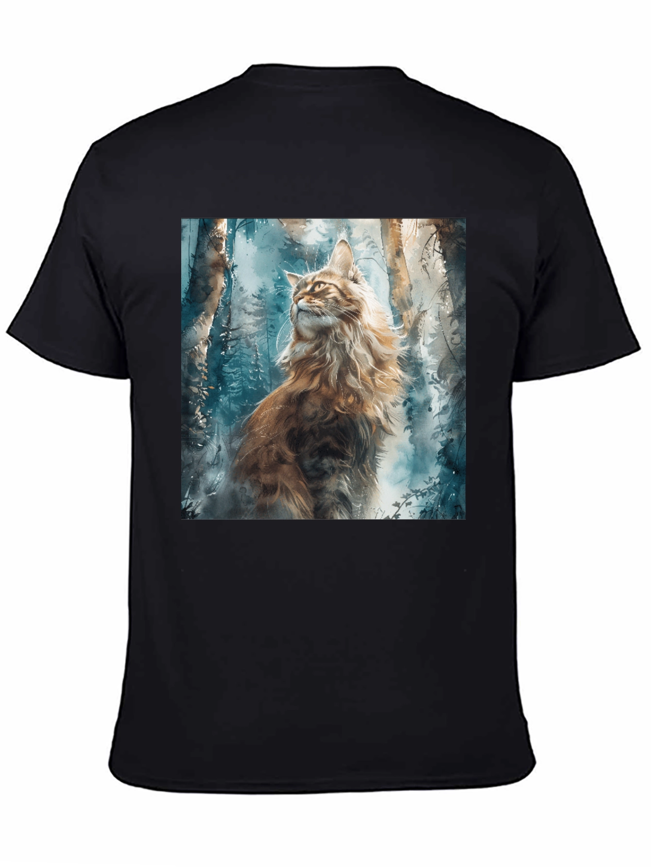 Black Watercolor Cat in Forest Graphic Tee view 4