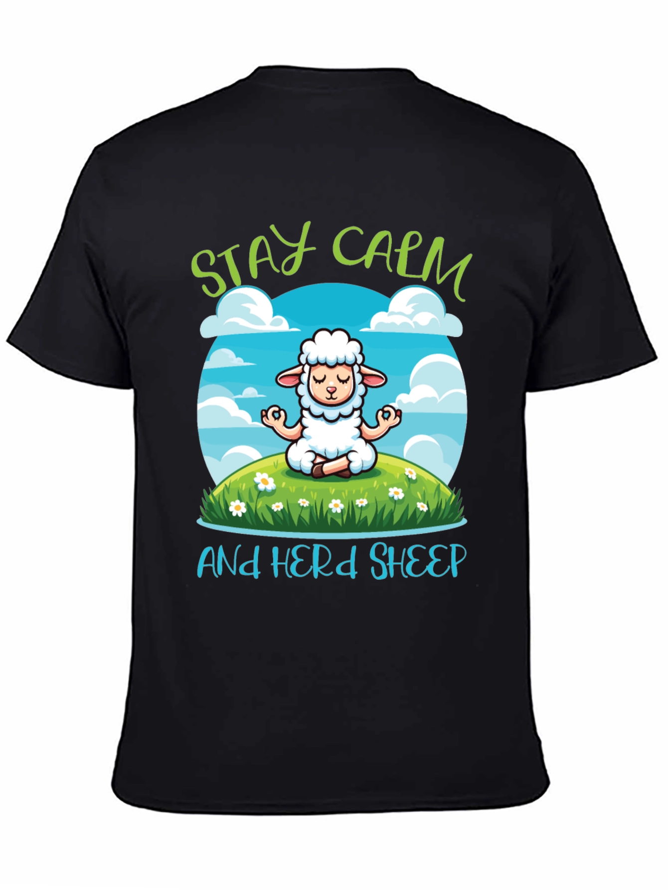 Black Stay Calm Herd Sheep T-Shirt - Meditation Sheep Tee view 4
