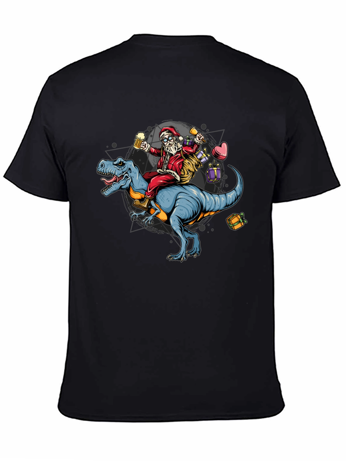 Black Santa Riding Dinosaur T-Shirt - Festive Holiday Apparel view 4