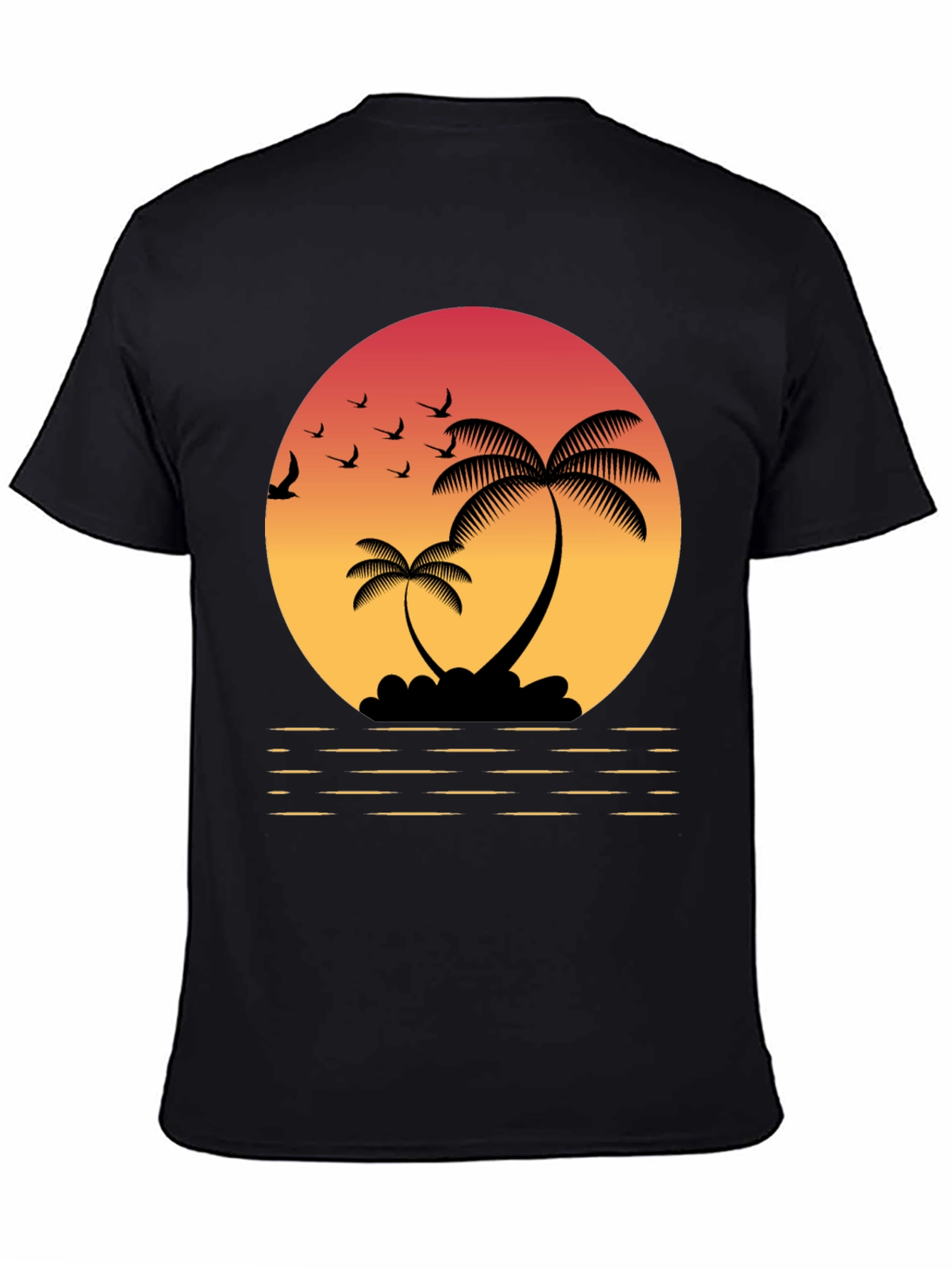 Black Tropical Sunset T-Shirt: Palm Trees & Birds view 4