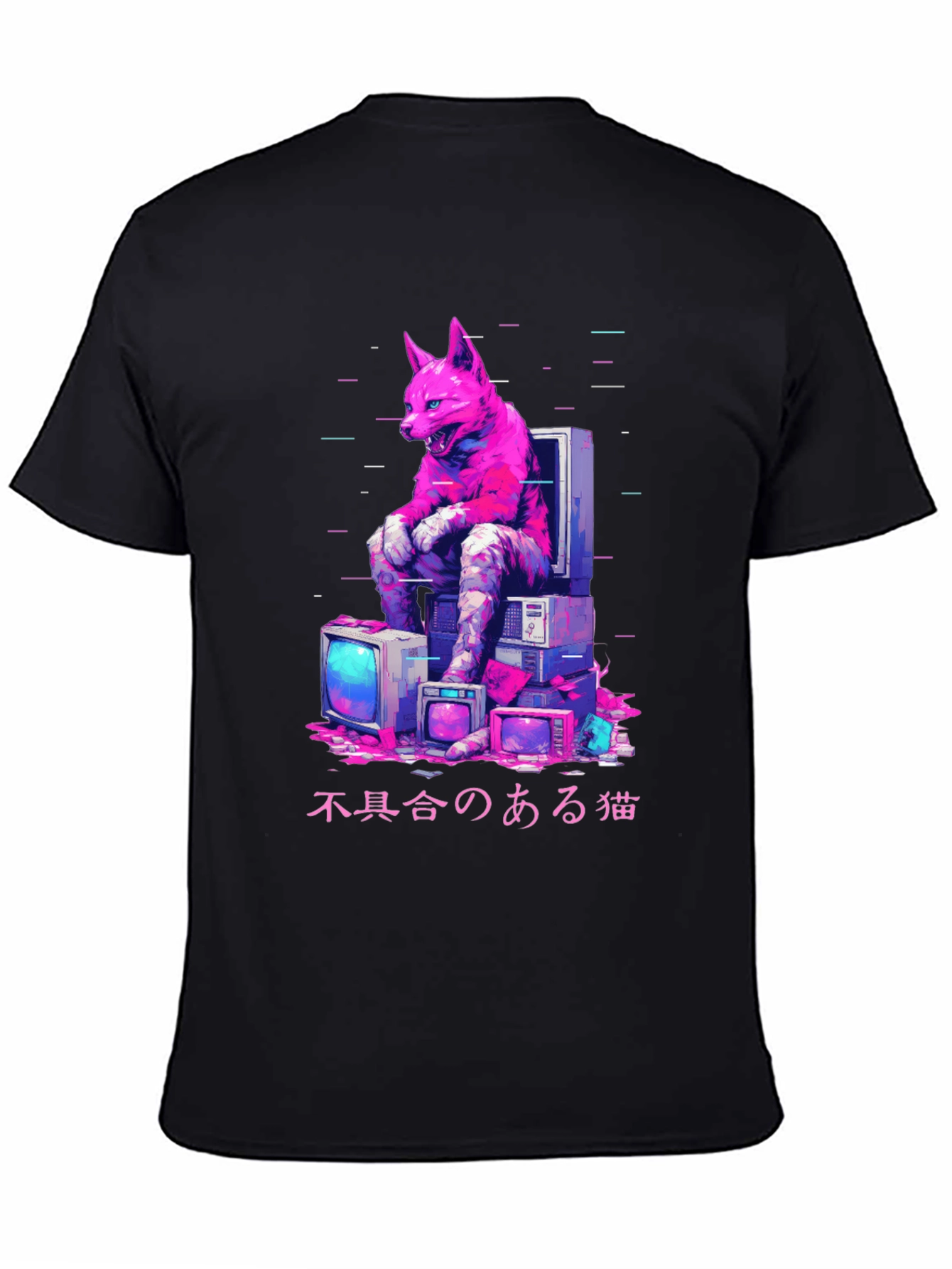 Black Cyberpunk Cat Glitch T-Shirt view 4