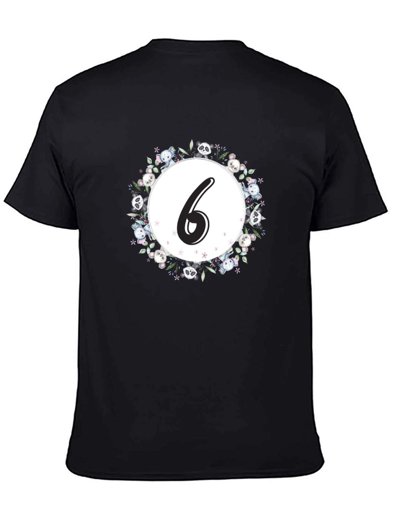 Black Cute Number 6 Panda Floral Wreath Black T-Shirt view 4