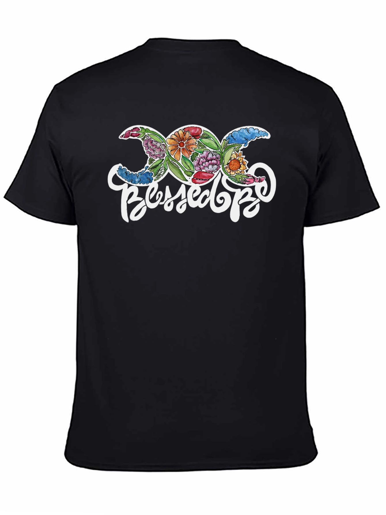 Black Floral Triple Moon Goddess Blessed Be T-Shirt view 4