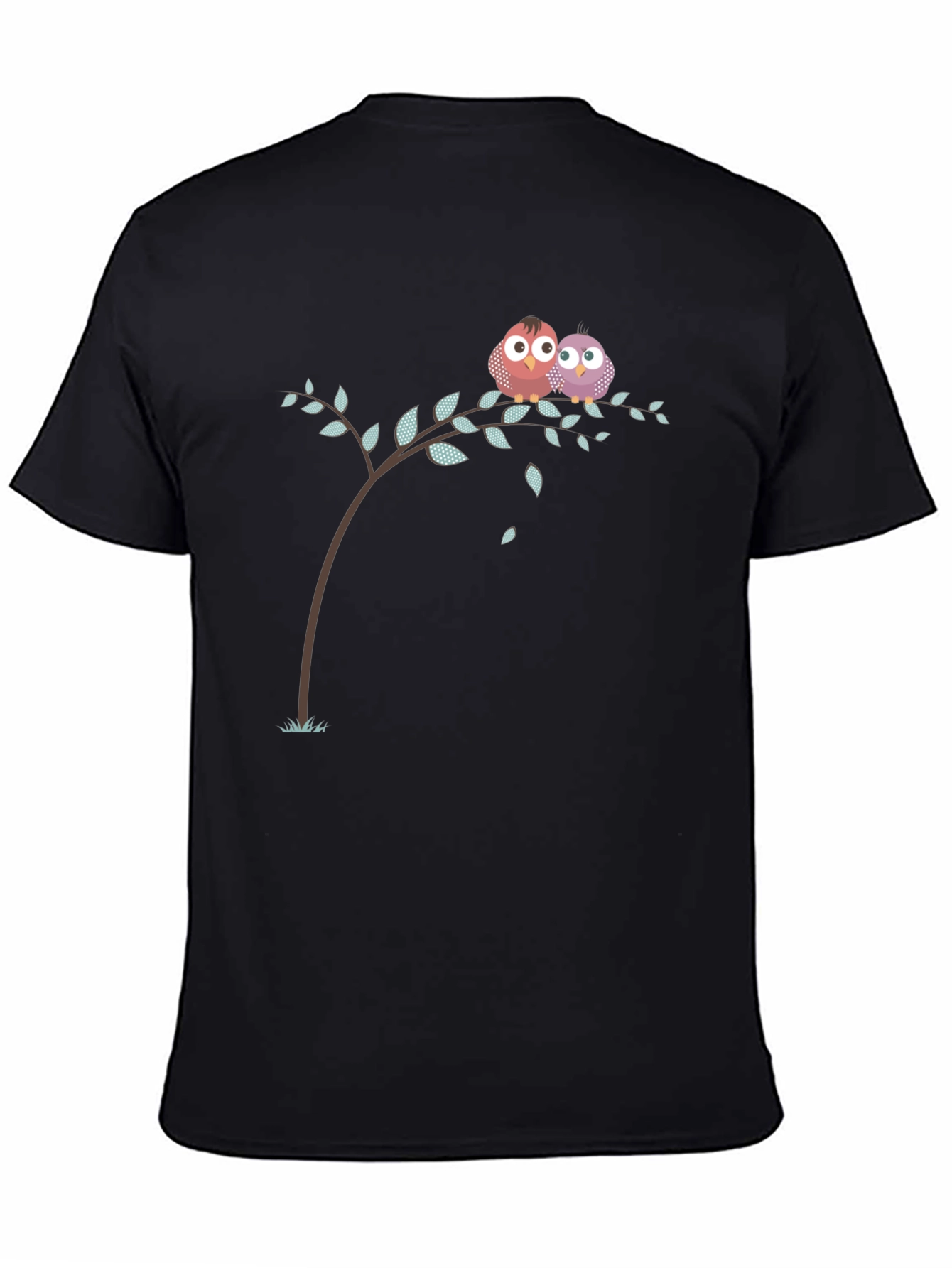 Black Cute Owl Couple on Branch Black T-Shirt view 4
