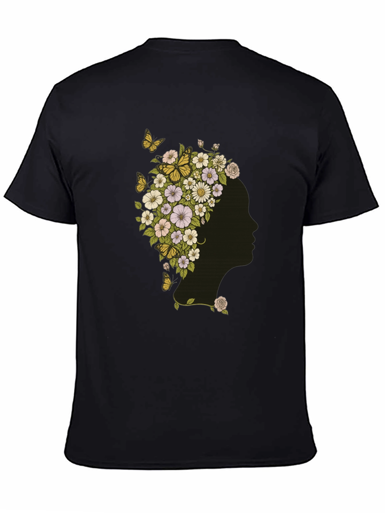 Black Floral Woman Graphic Tee - Black Cotton T-Shirt view 4