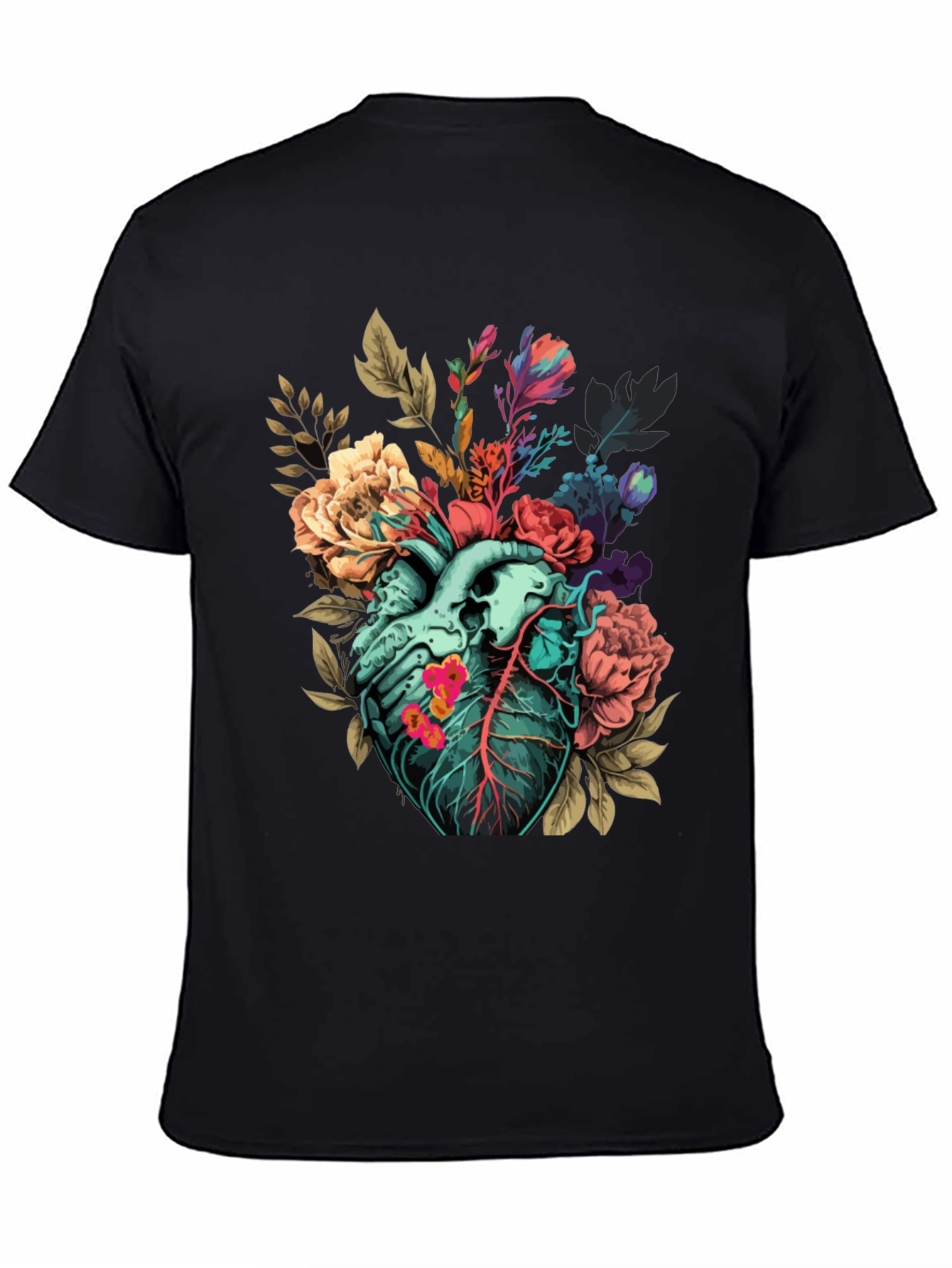 Black Floral Heart Print T-Shirt - Unique Anatomical Art view 4