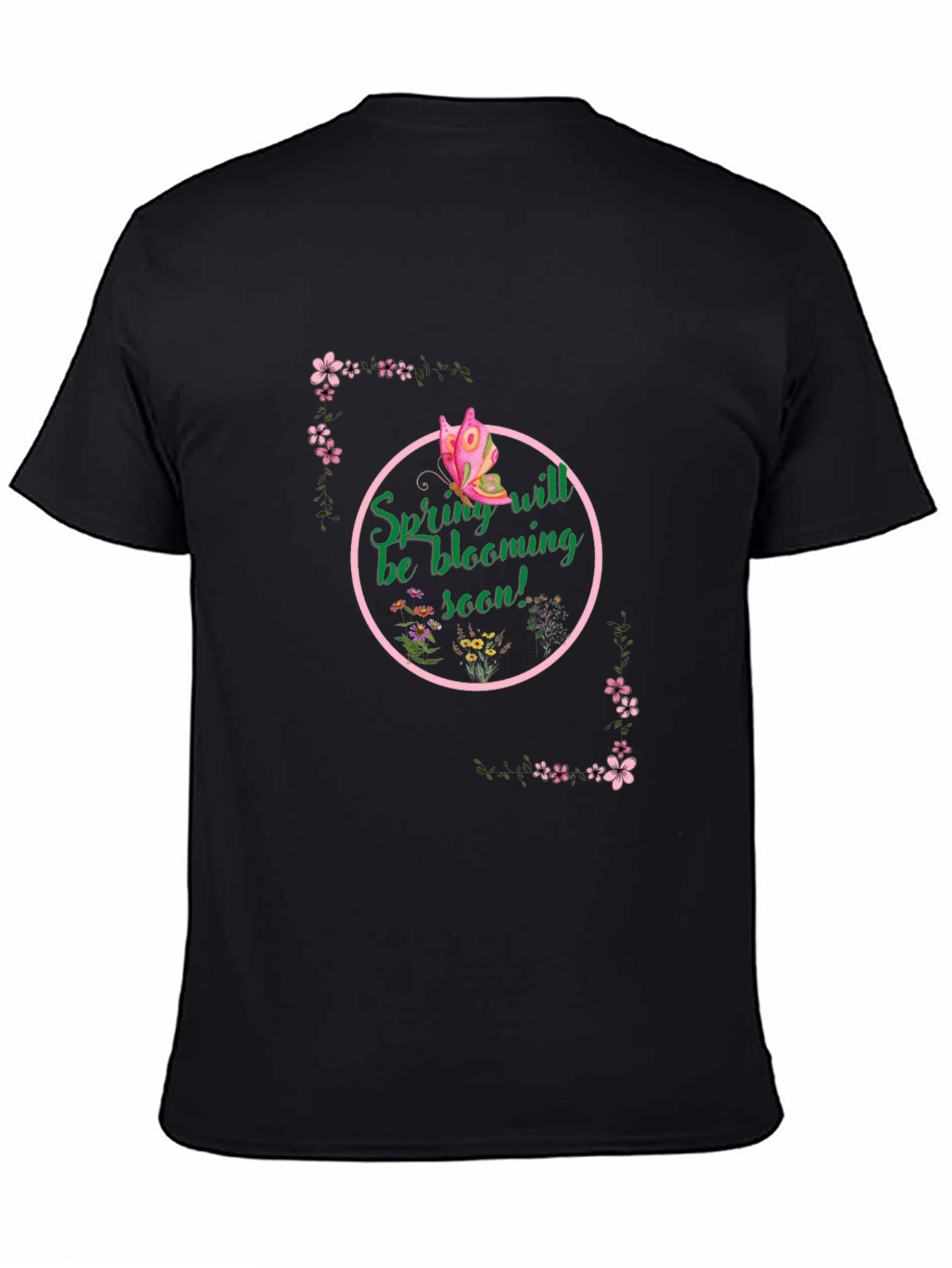 Black Spring Bloom T-Shirt - Butterfly & Floral Design view 4