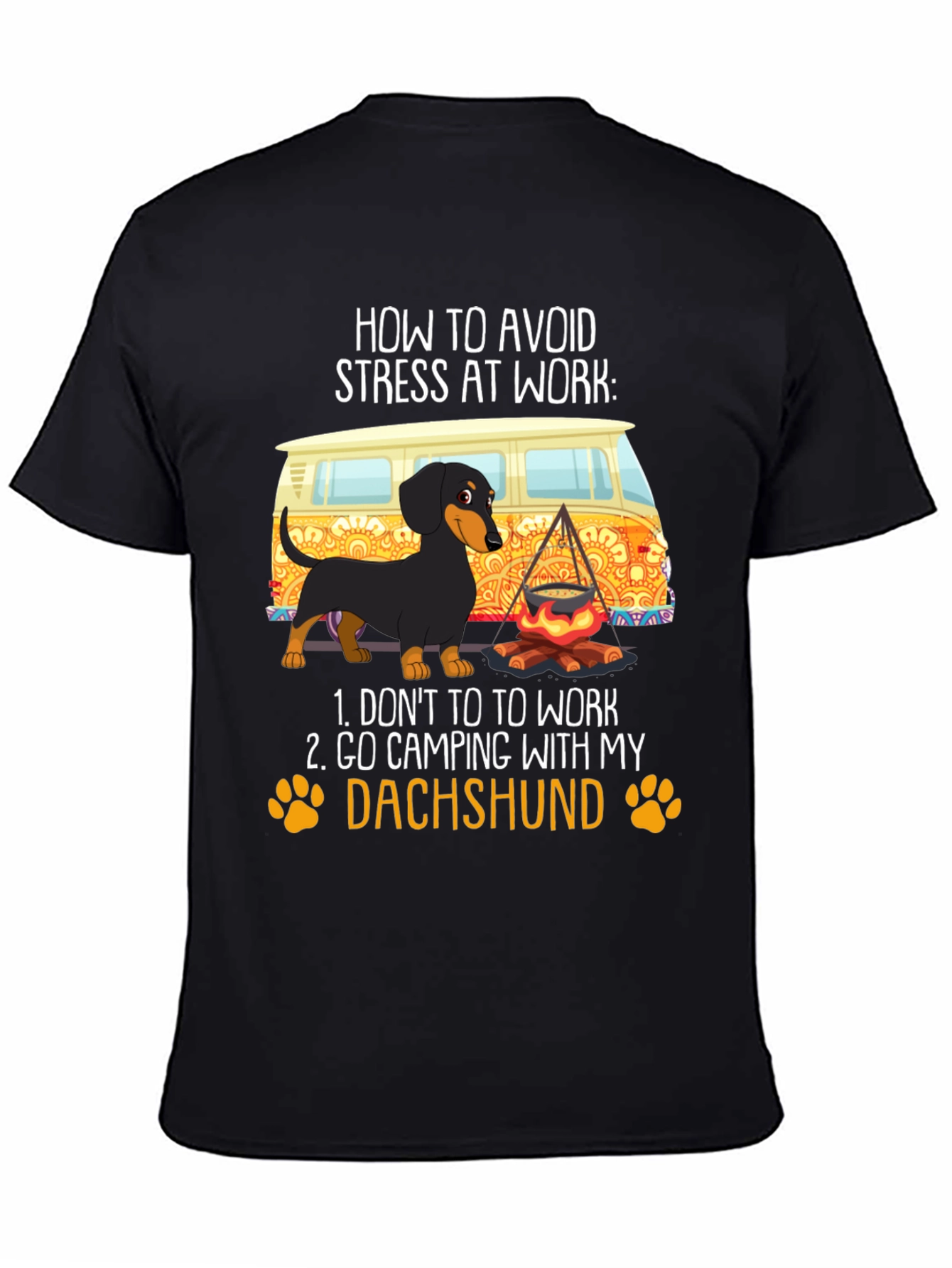 Black Avoid Stress Dachshund Camping T-Shirt view 4
