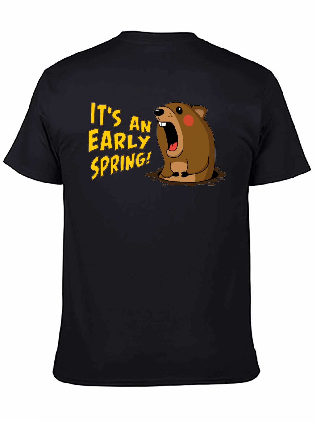 Black Early Spring Cartoon Groundhog Black T-Shirt view 4
