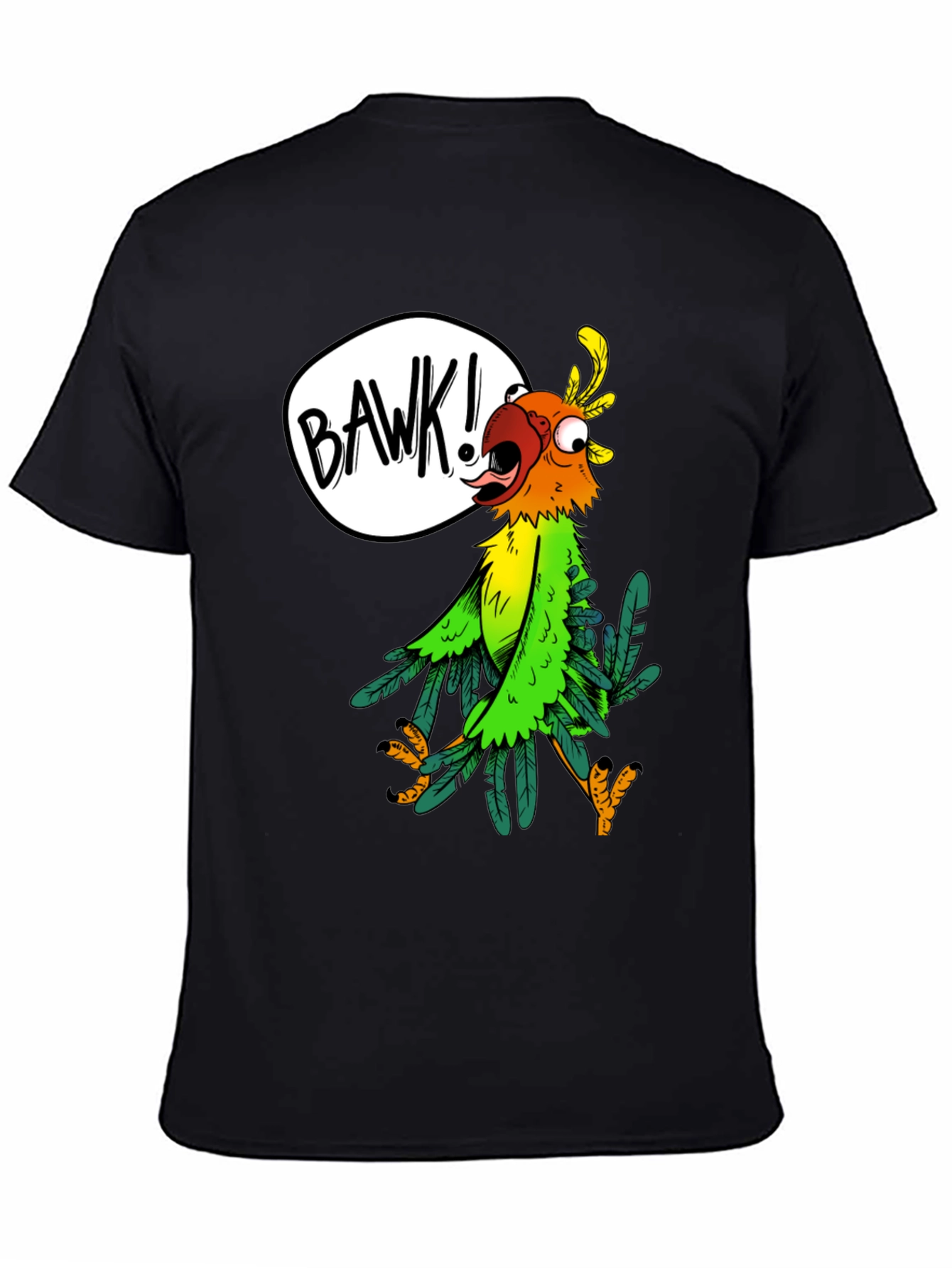 Black Cartoon Parrot Graphic Tee - 'BAWK!' Design view 4