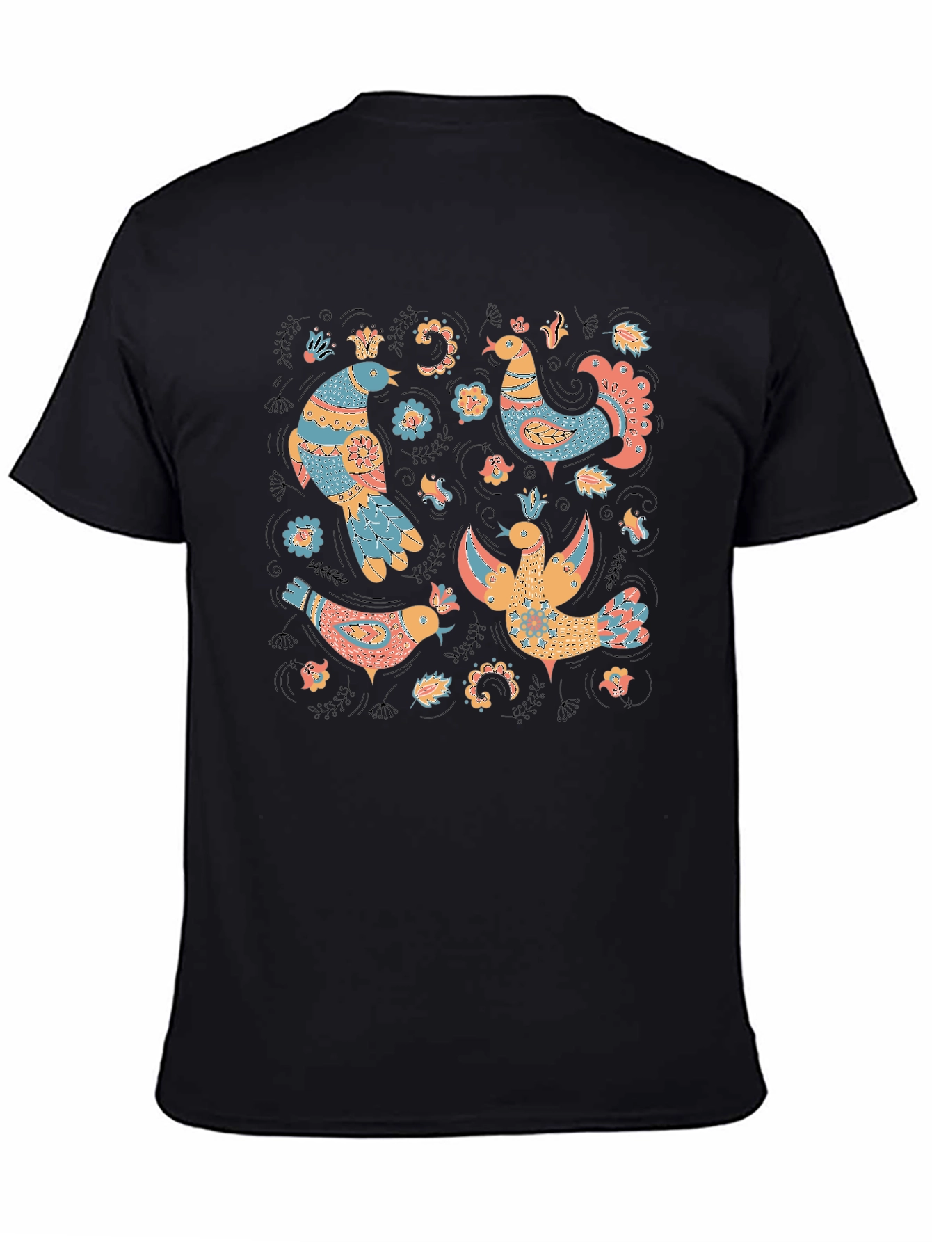 Black Whimsical Folk Art Bird T-Shirt view 4