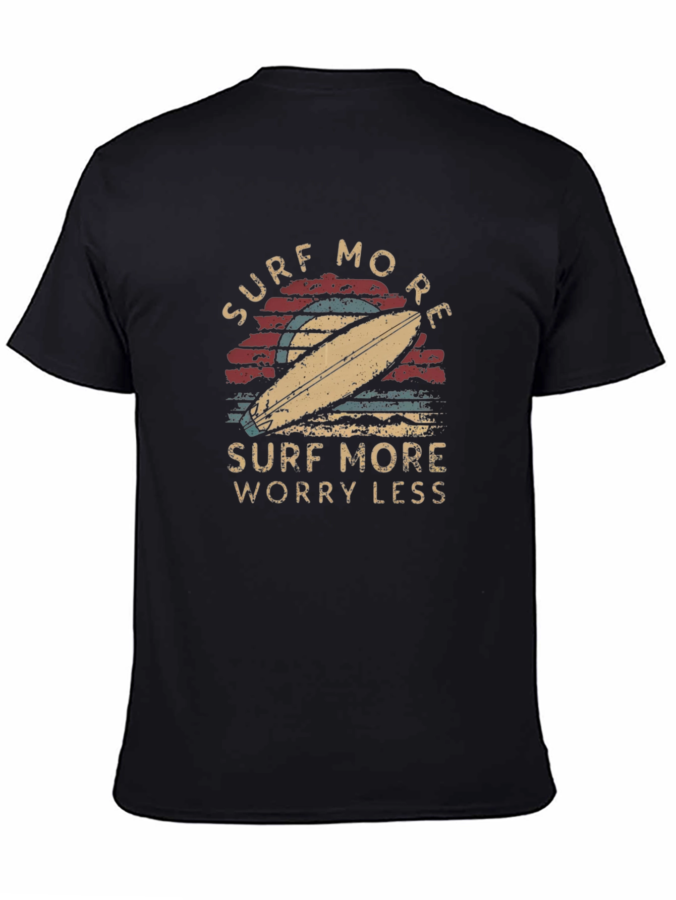 Black Surf More Worry Less Graphic Tee - Retro Surfboard Design view 4
