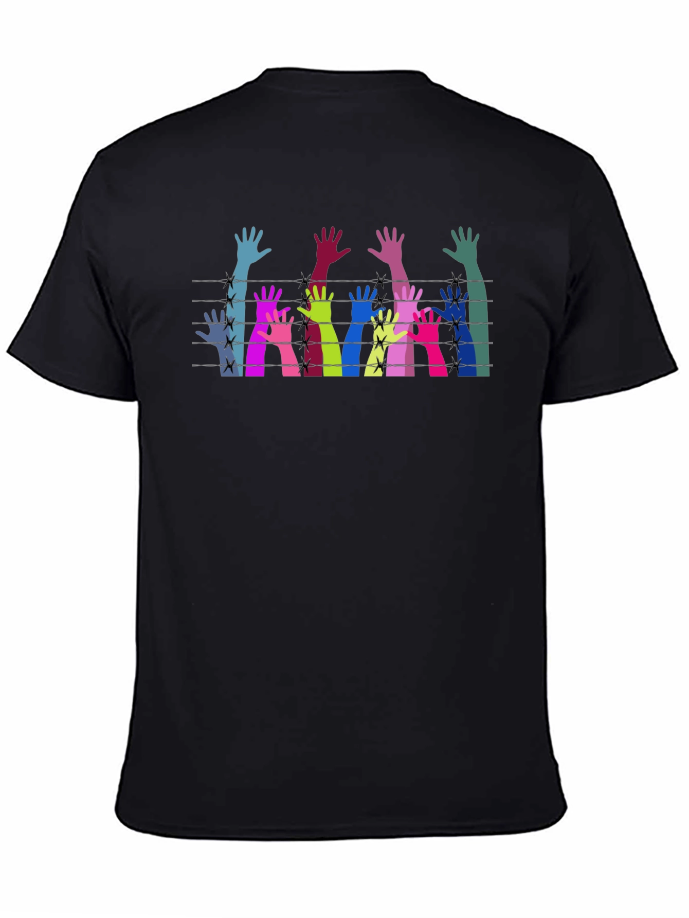 Black Colorful Hands Behind Barbed Wire Graphic Tee view 4