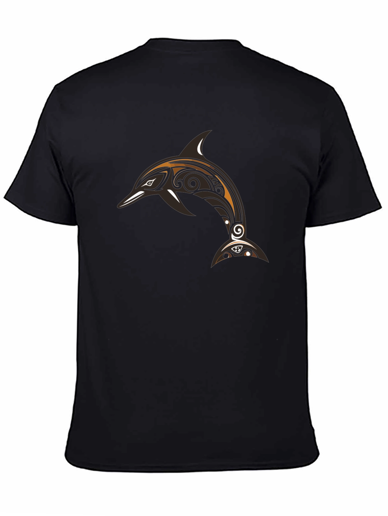 Black Men's Black T-Shirt with Tribal Dolphin Design view 4