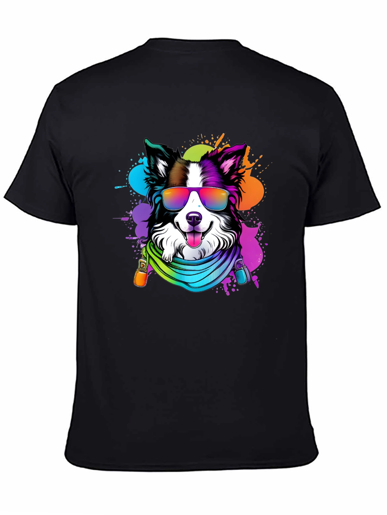 Black Cool Dog Graphic Tee - Colorful Border Collie T-Shirt view 4
