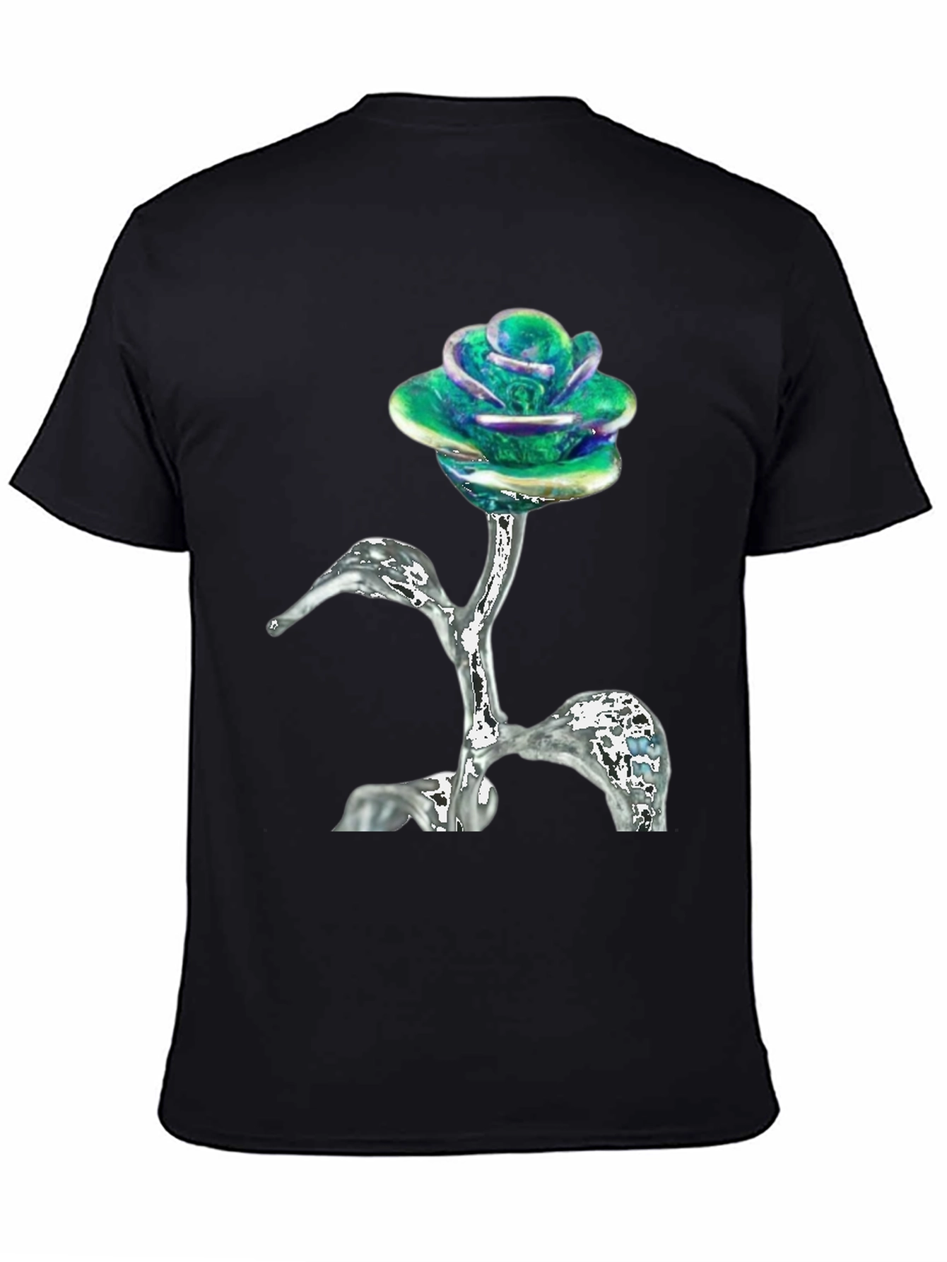 Black Iridescent Rose T-Shirt - Unique Floral Design view 4