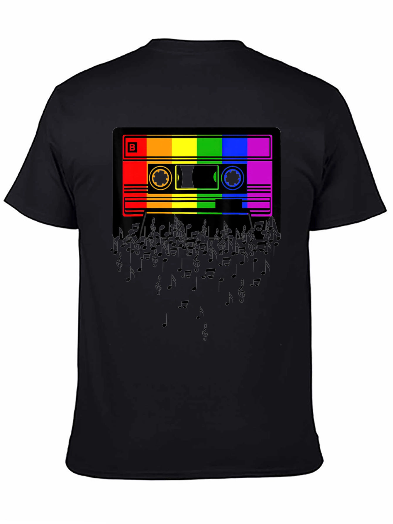 Black Rainbow Cassette Tape Music Notes Graphic T-Shirt view 4