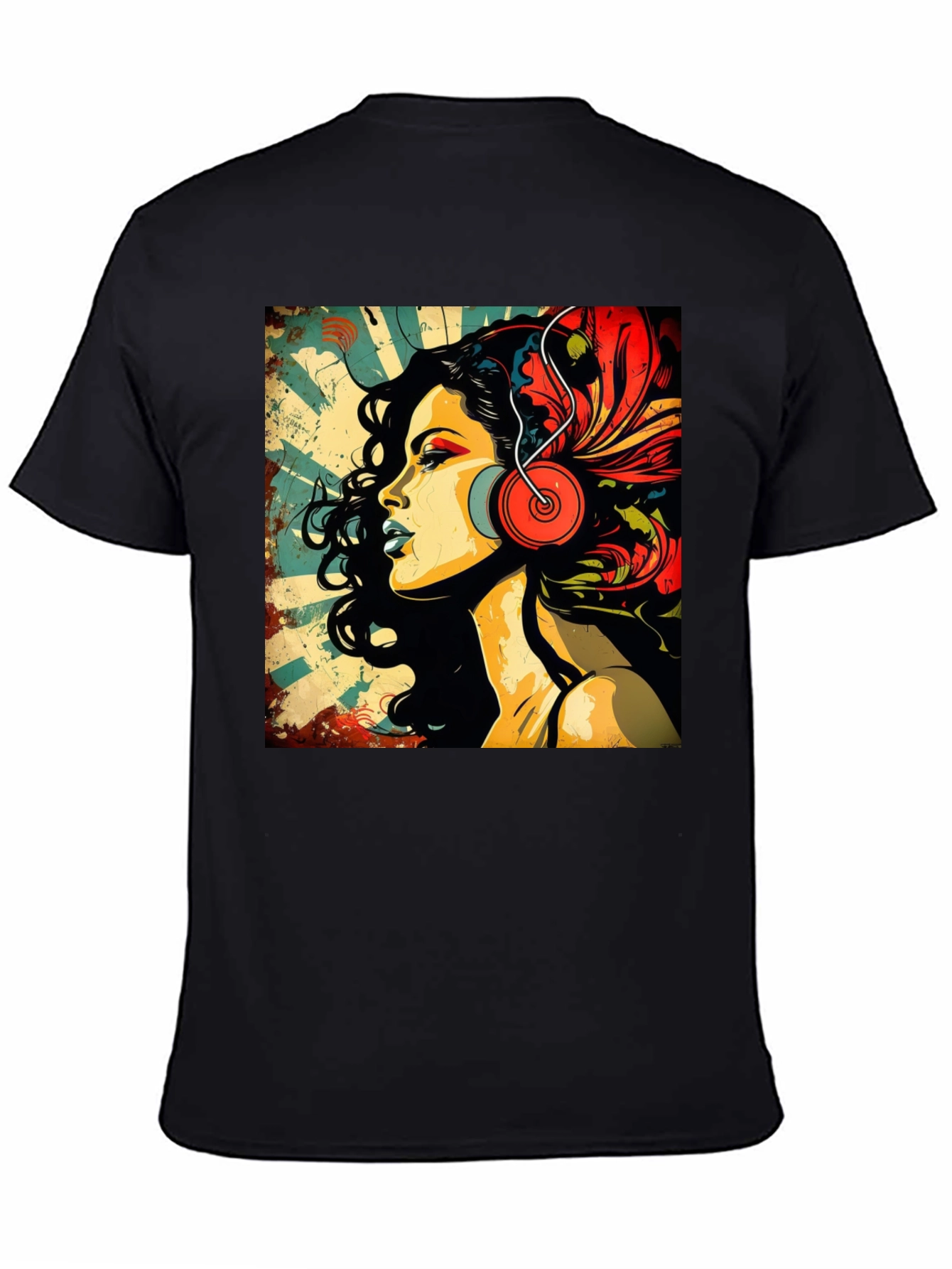 Black Retro Woman with Headphones Graphic Tee view 4