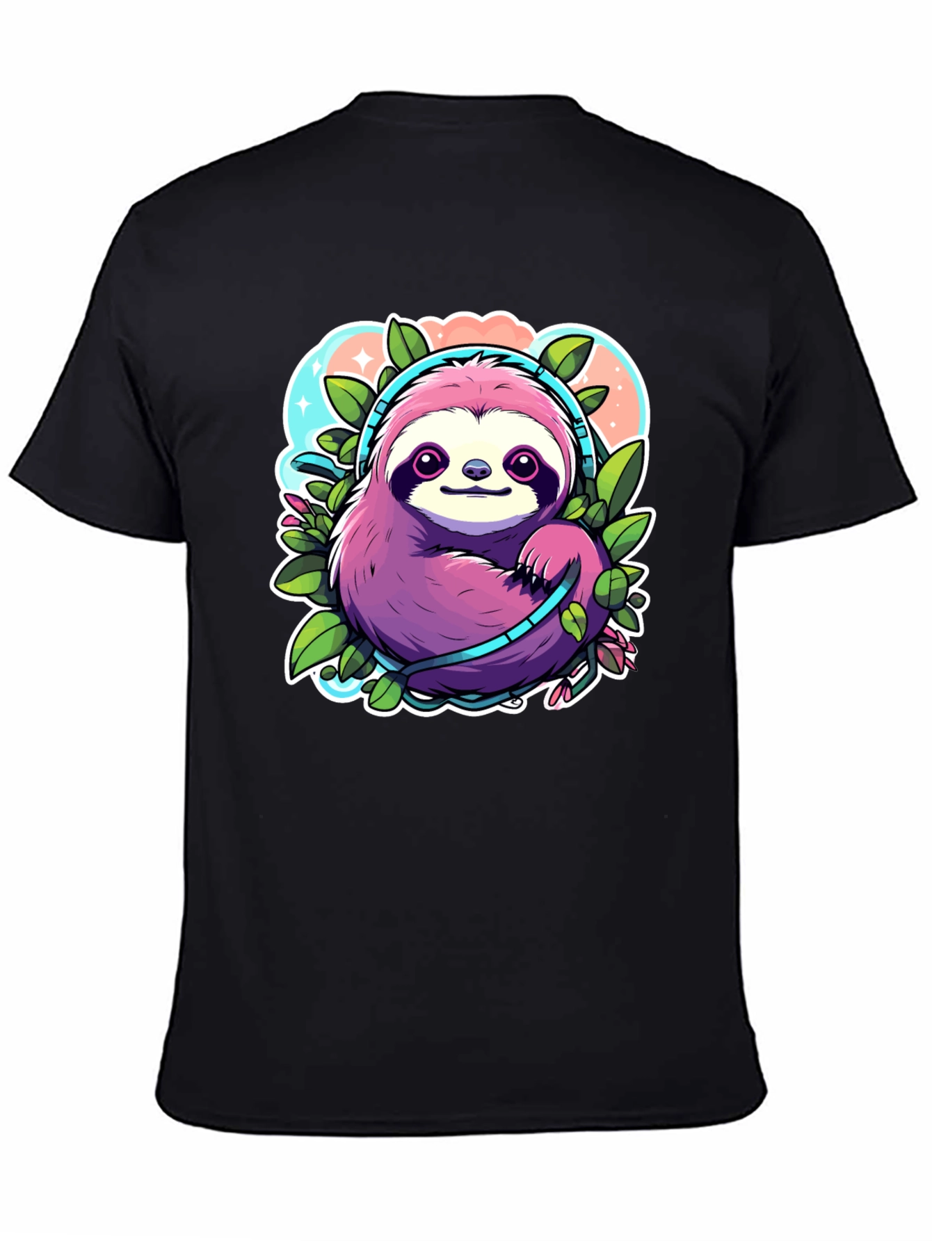 Black Sloth Headphones Graphic Tee - Cute Cartoon Animal Shirt view 4